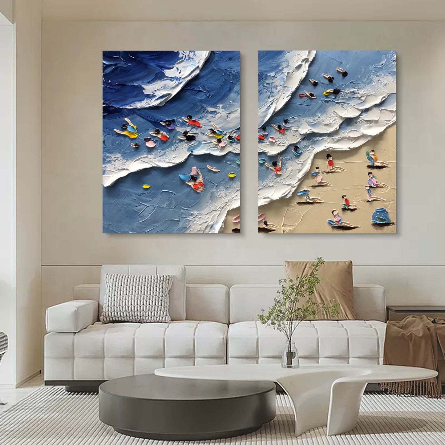 Colorful Beach Scene Abstract Oil Painting Duo for Modern Decor