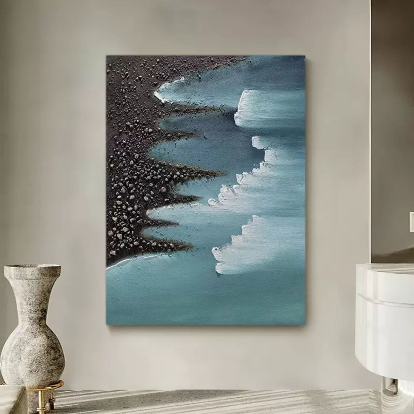 Abstract Seascape Oil Painting with Textured Beach and Gentle Waves