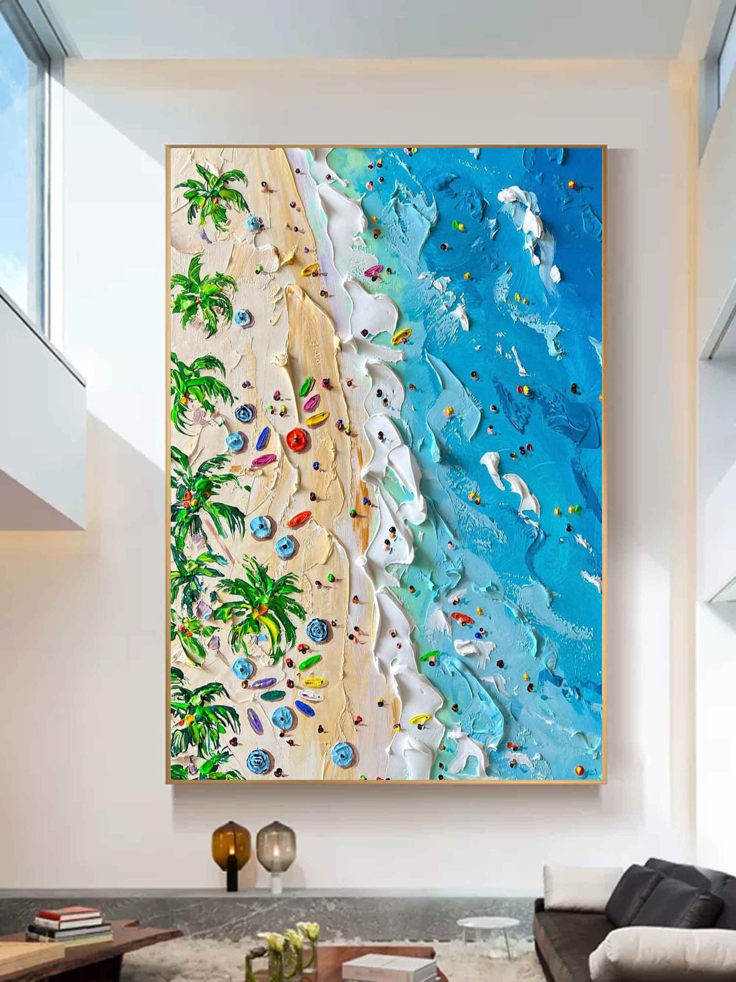 Vibrant Tropical Beach Oil Painting with Textured Waves and Lush Palm Trees