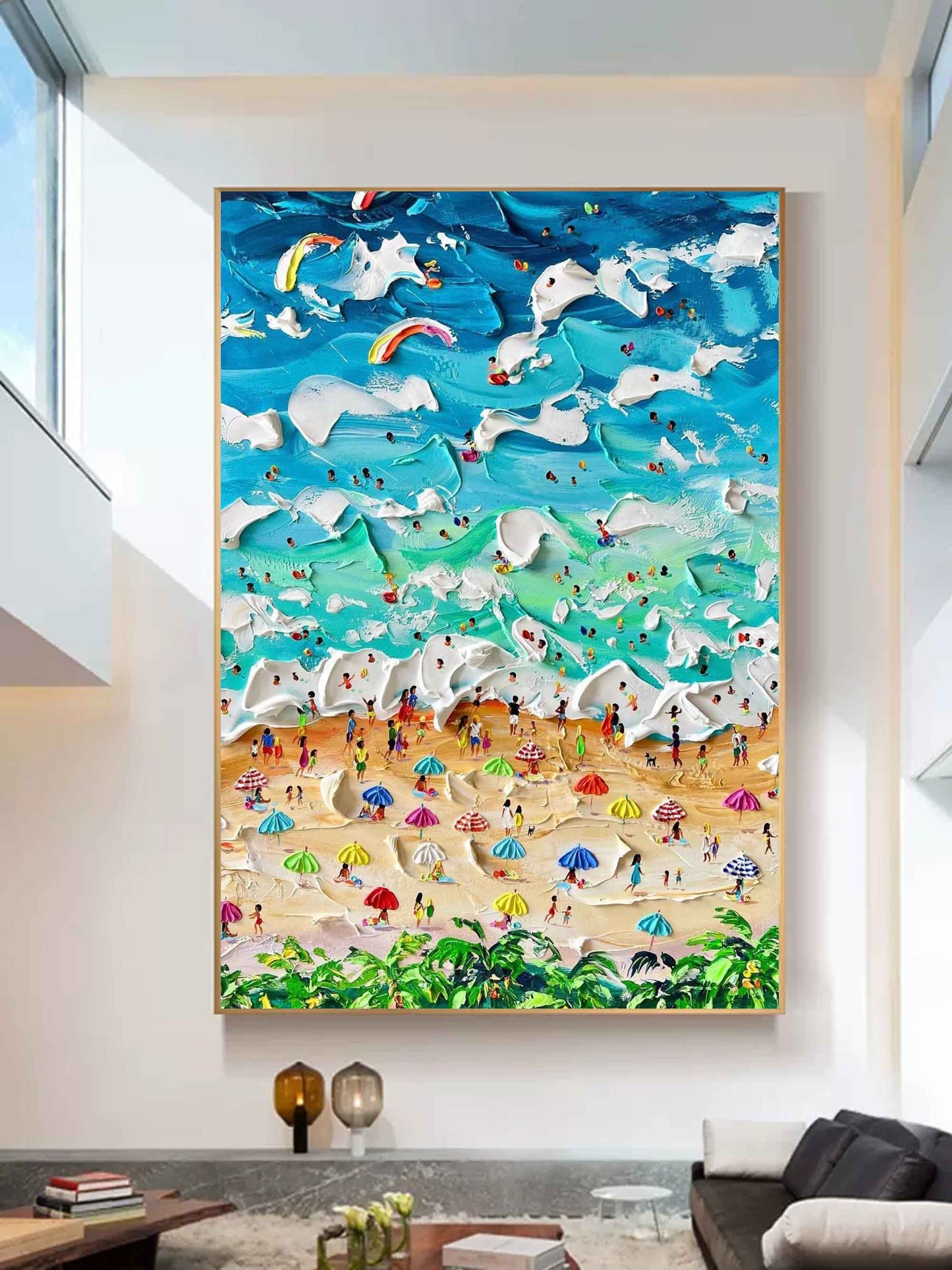 Vibrant Beach Scene Oil Painting with Textured Waves and Colorful Umbrellas