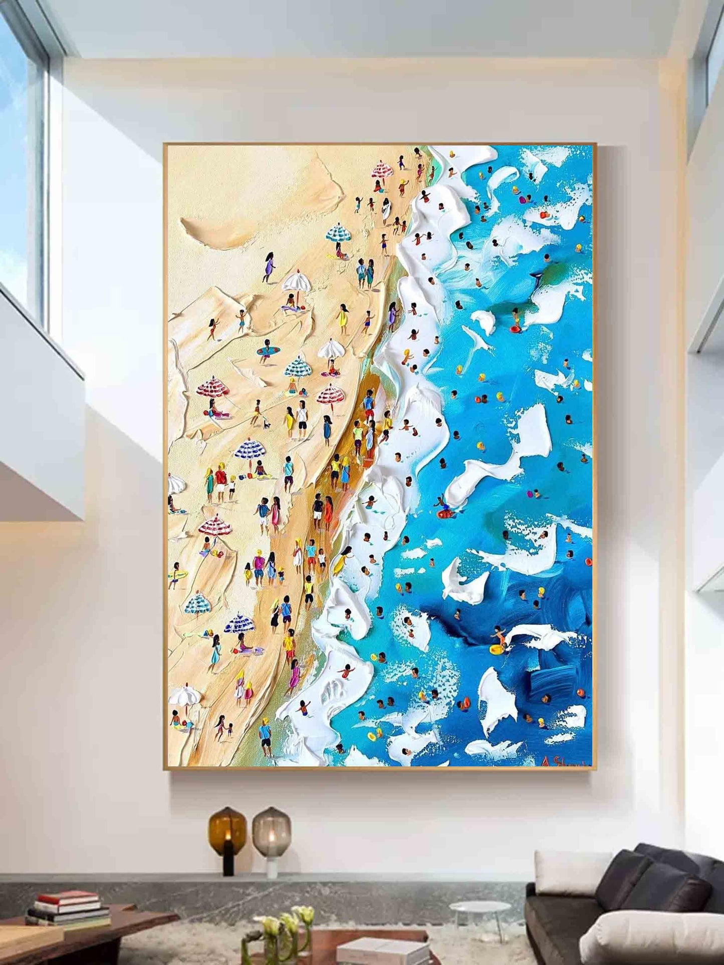 Vibrant Beach Scene Oil Painting with Sunbathers and Colorful Parasols