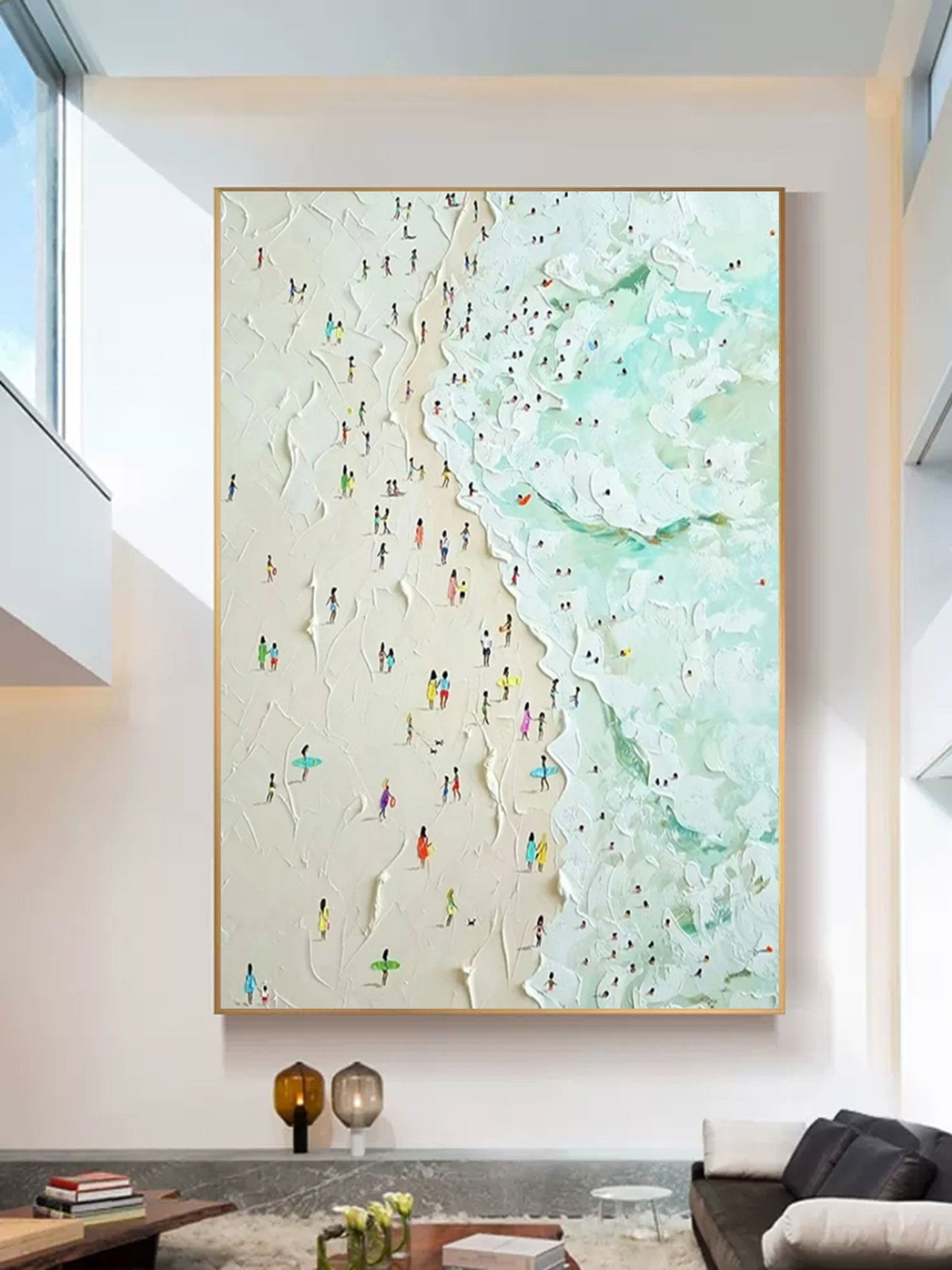 Vibrant Beach Scene Oil Painting with Textured Ocean Waves and Colorful Bathers