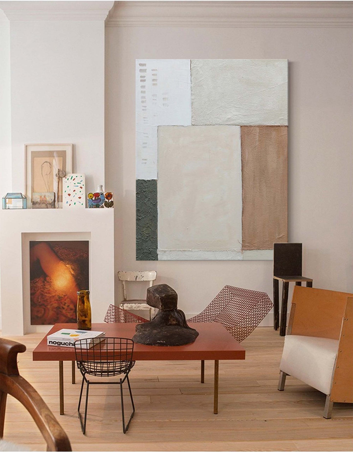 Modern Minimalist Oil Painting with Geometric Shapes and Neutral Tones for Home Decor