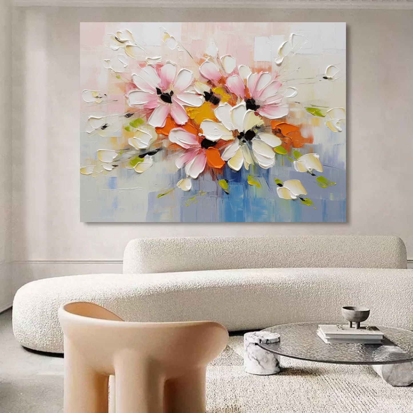 Vibrant Floral Oil Painting with Pink and White Flowers Perfect for Home Decor
