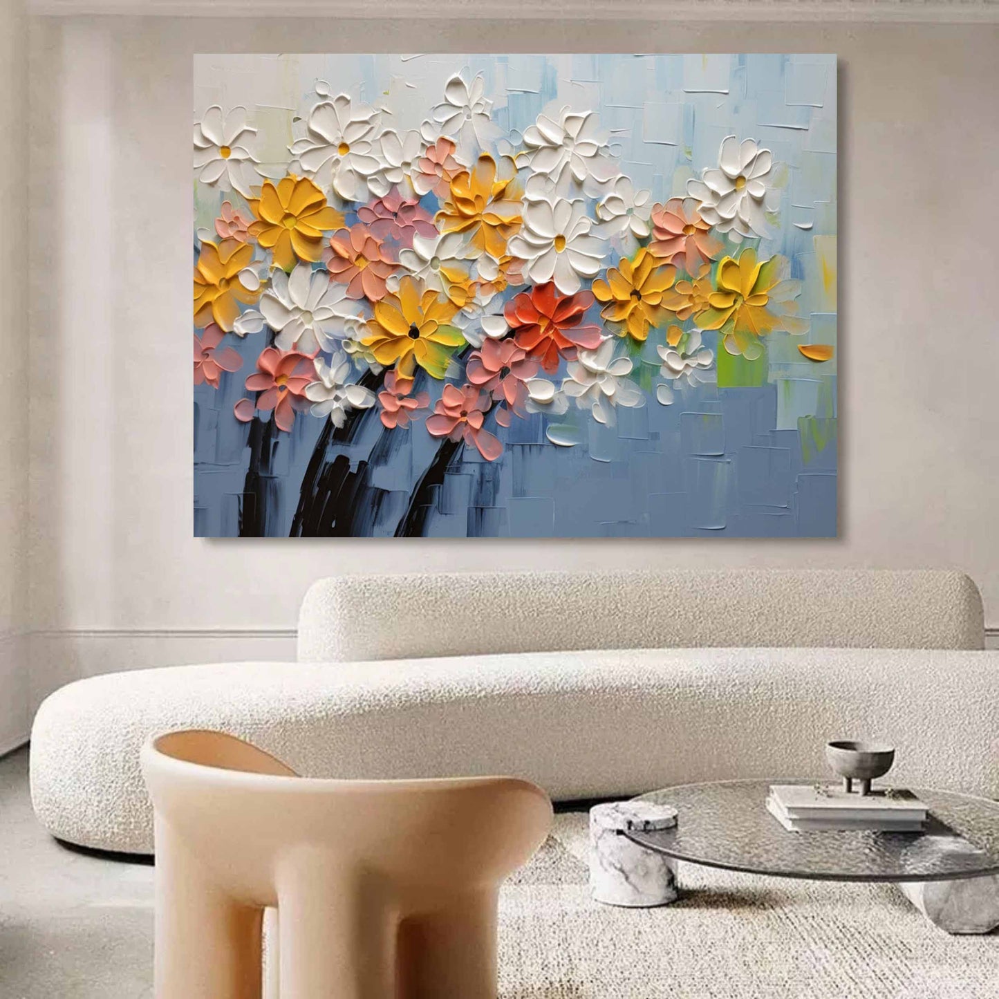 Vibrant Floral Oil Painting with Textured Blooms in Soft Pastels and Bright Hues