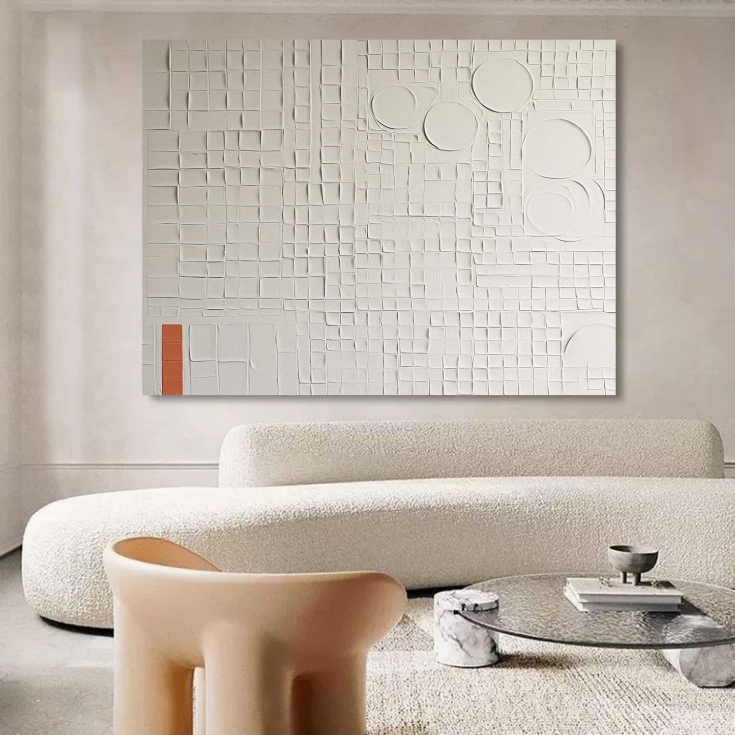 Textured White Oil Painting with Geometric Shapes and Subtle Color Accents