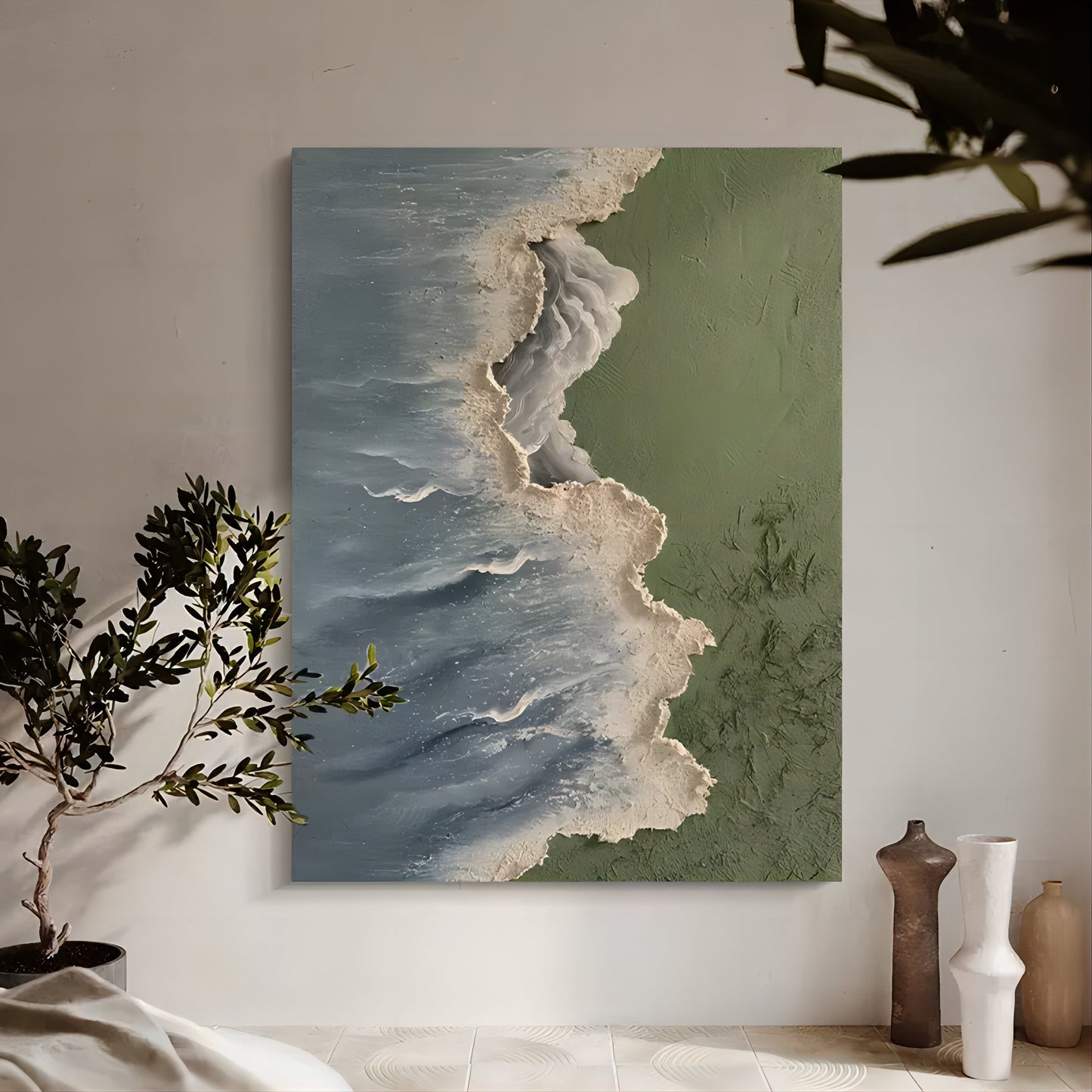 Coastal Serenity: Textured Ocean Waves and Nature in Stunning Oil Painting Art