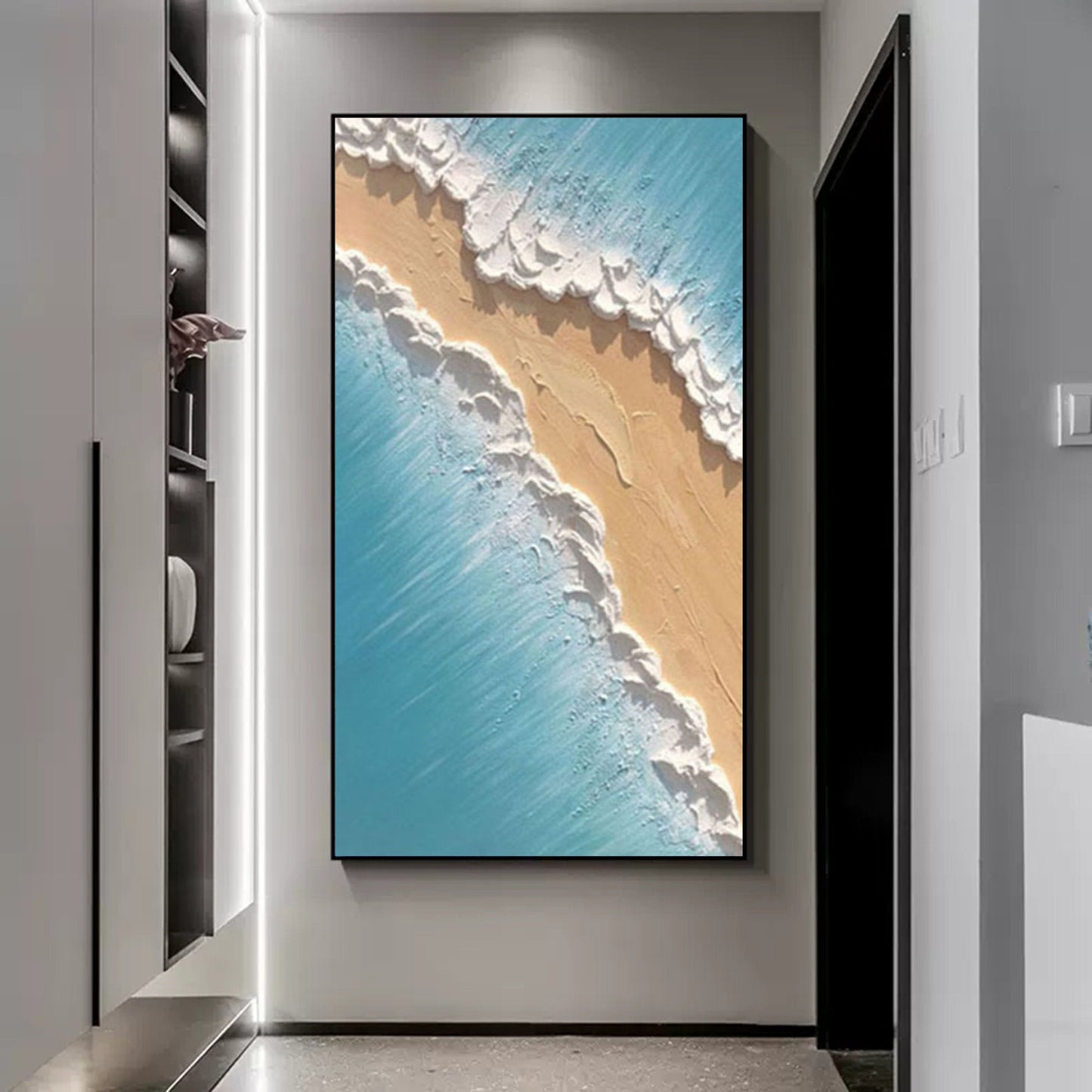 Coastal Serenity: Textured Oil Painting of Shoreline Waves and Sand