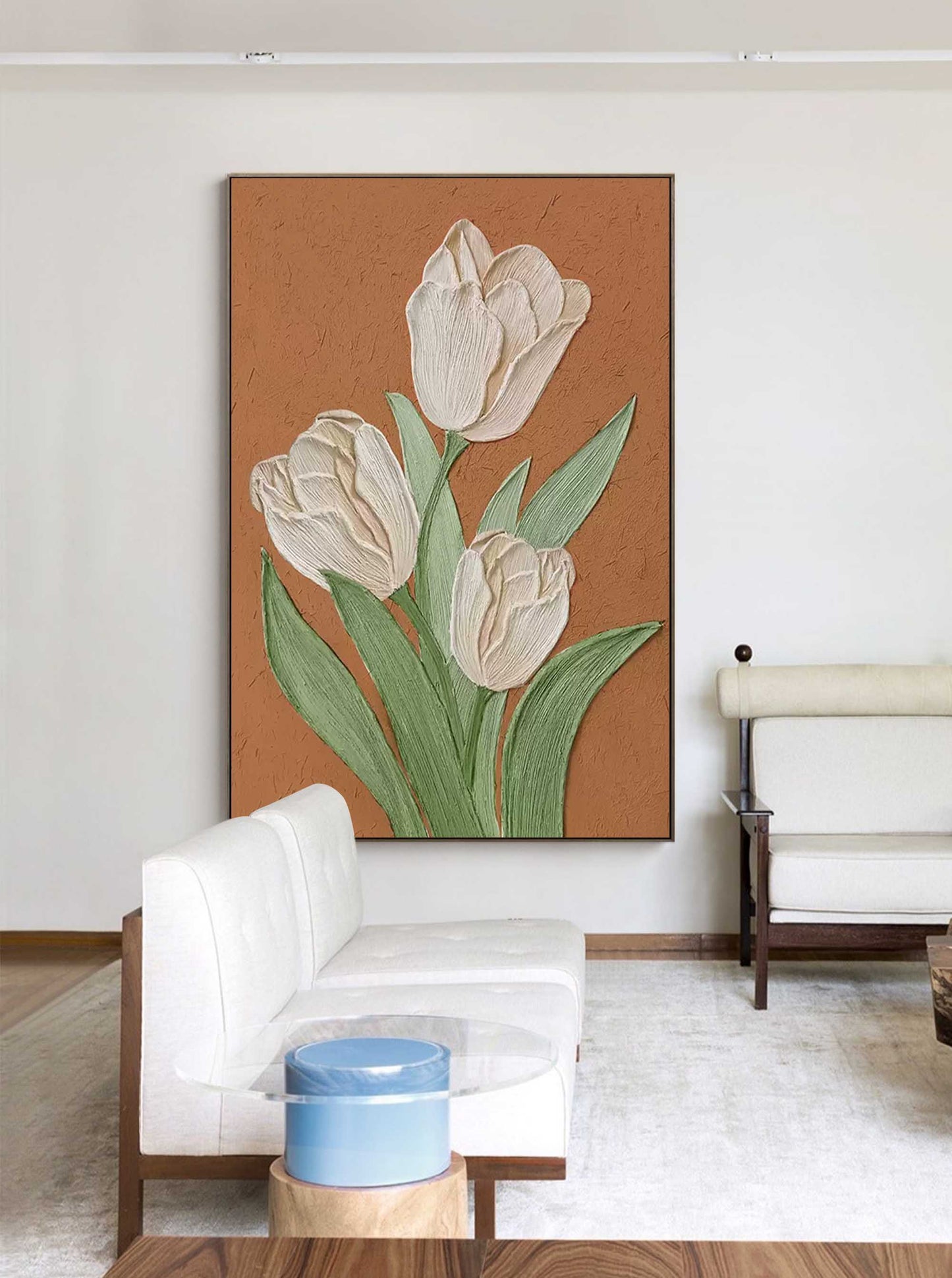 Elegant Cream Tulips Oil Painting on Brown Canvas | Floral Wall Art Decor