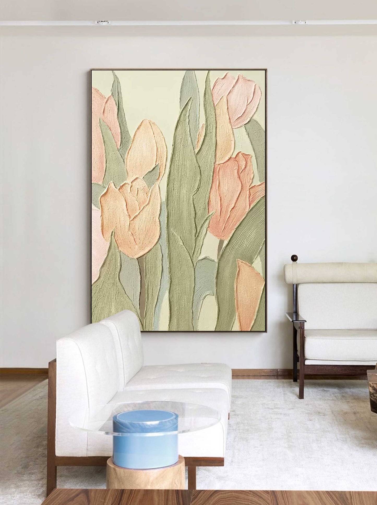 Elegant Floral Oil Painting of Soft Pink Tulips on Textured Canvas