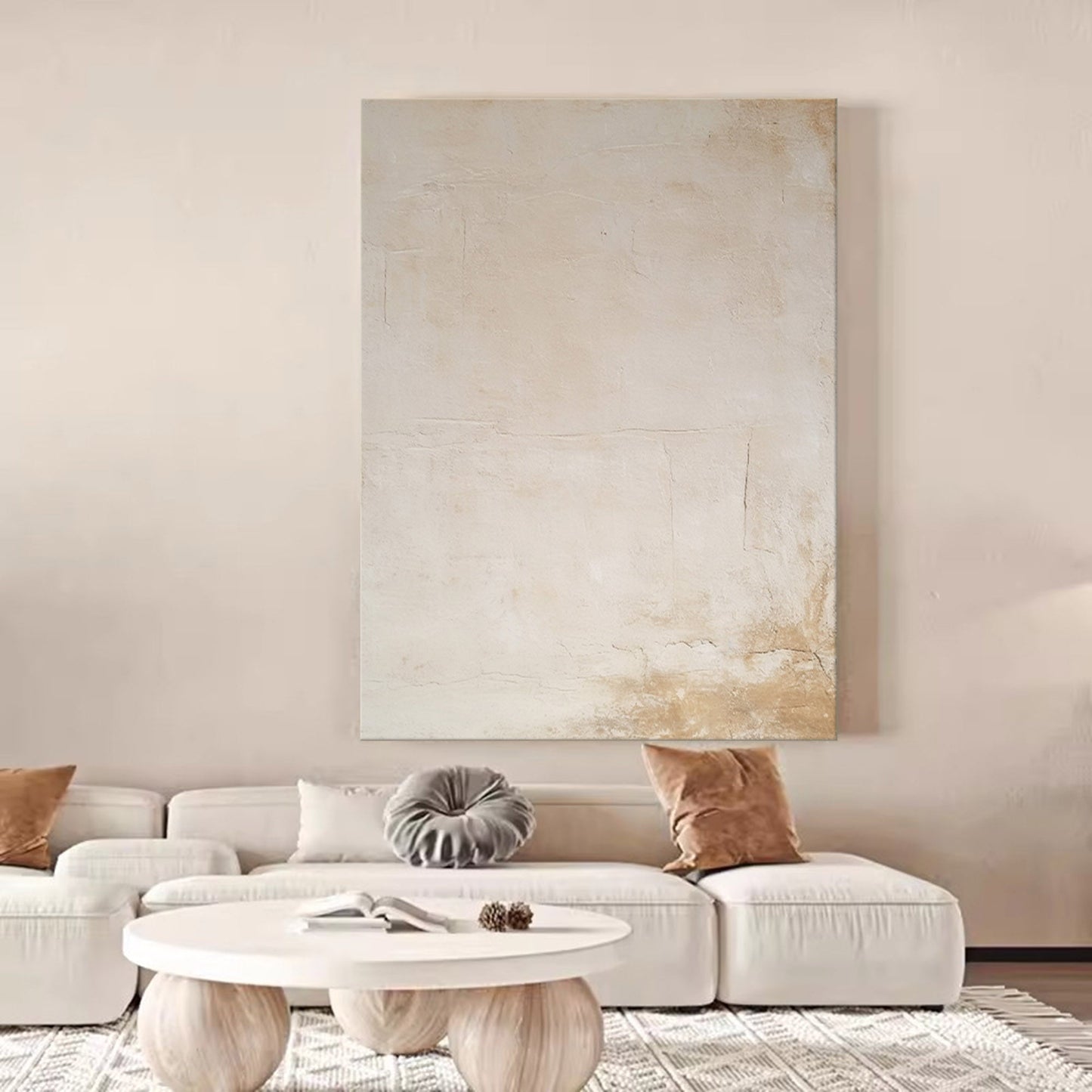 Serene Beige Abstract Oil Painting for Minimalist Home Decor