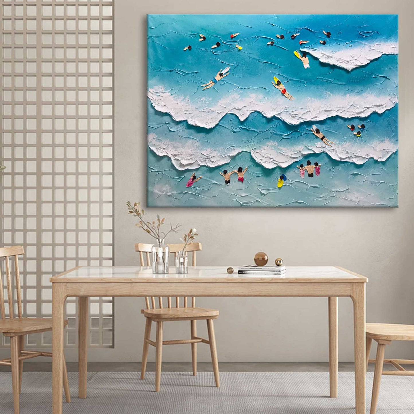 Beach Day Bliss: Vibrant Oil Painting of Surfers and Waves