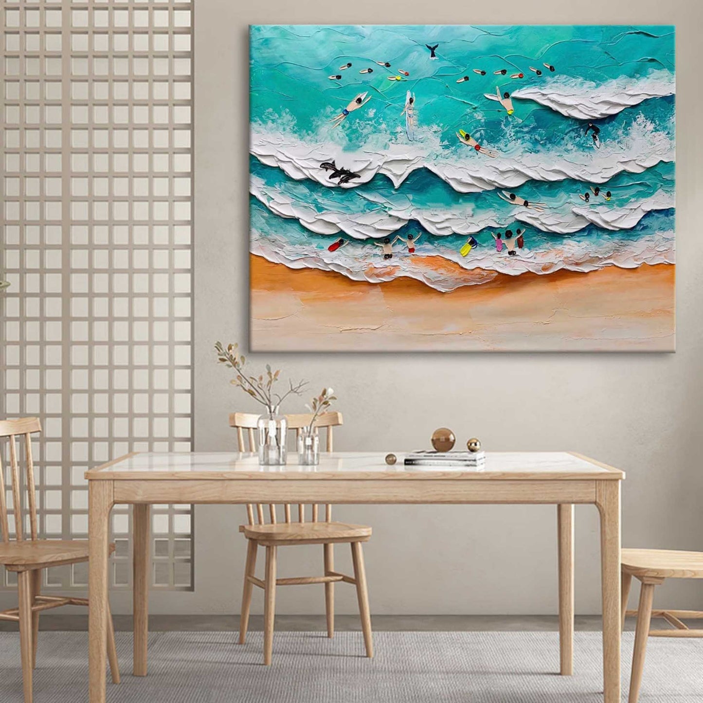 Vibrant Ocean Waves and Surfers Oil Painting with Textural Depth