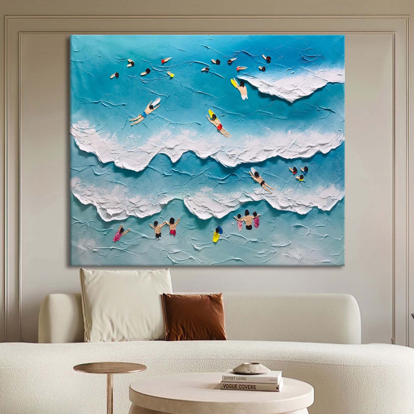 Beach Day Bliss: Vibrant Oil Painting of Surfers and Waves