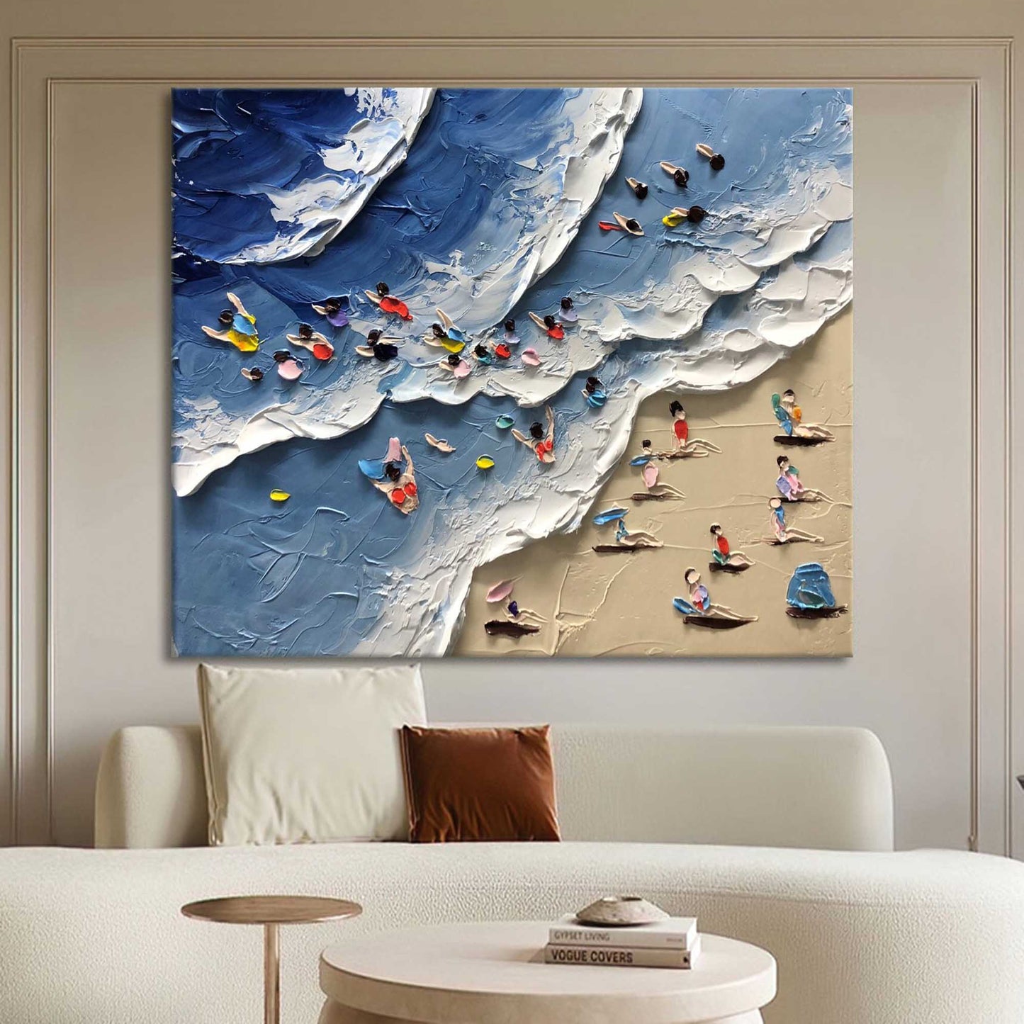 Beach Bliss: Textured Oil Painting of Sunbathers and Vibrant Ocean Waves
