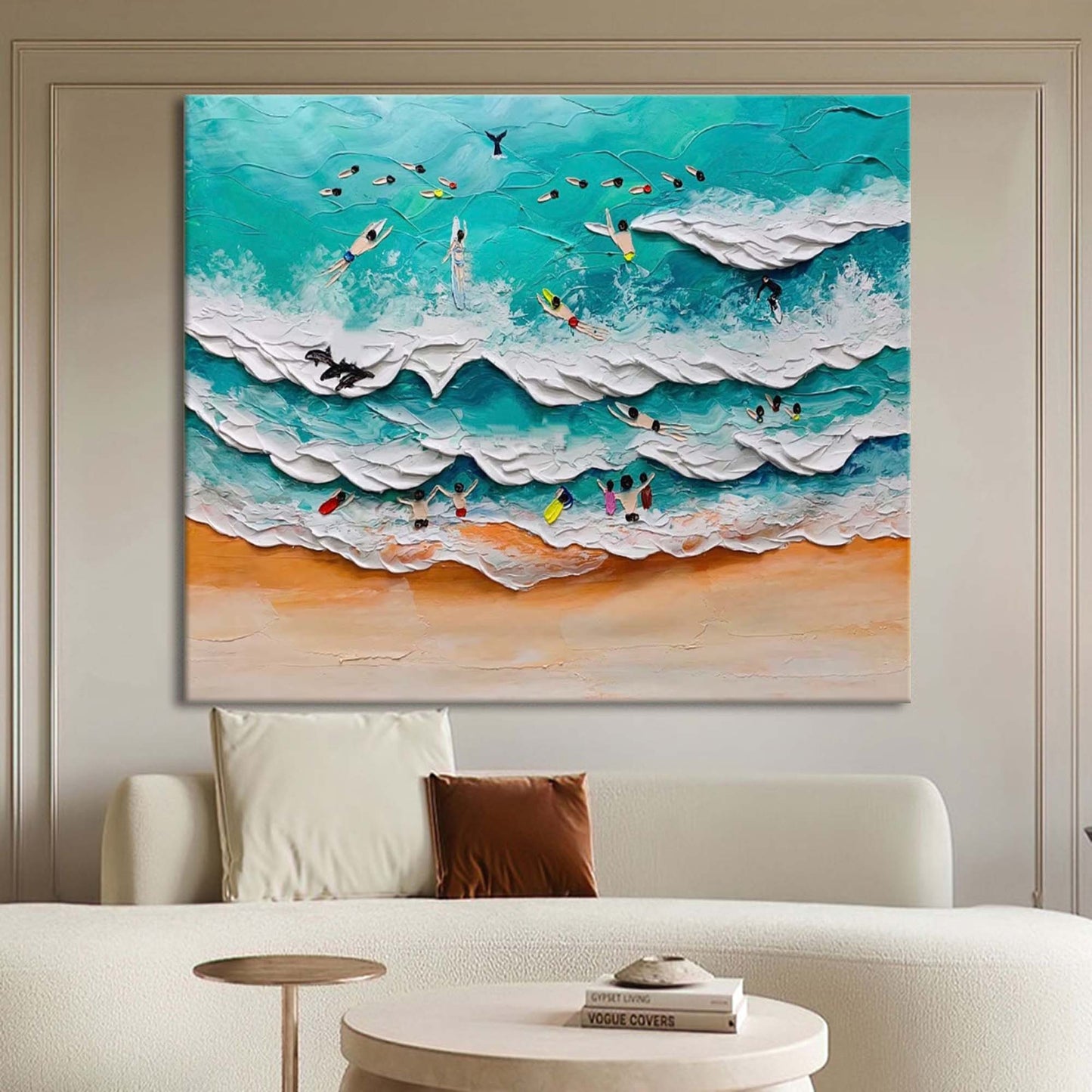 Vibrant Ocean Waves and Surfers Oil Painting with Textural Depth