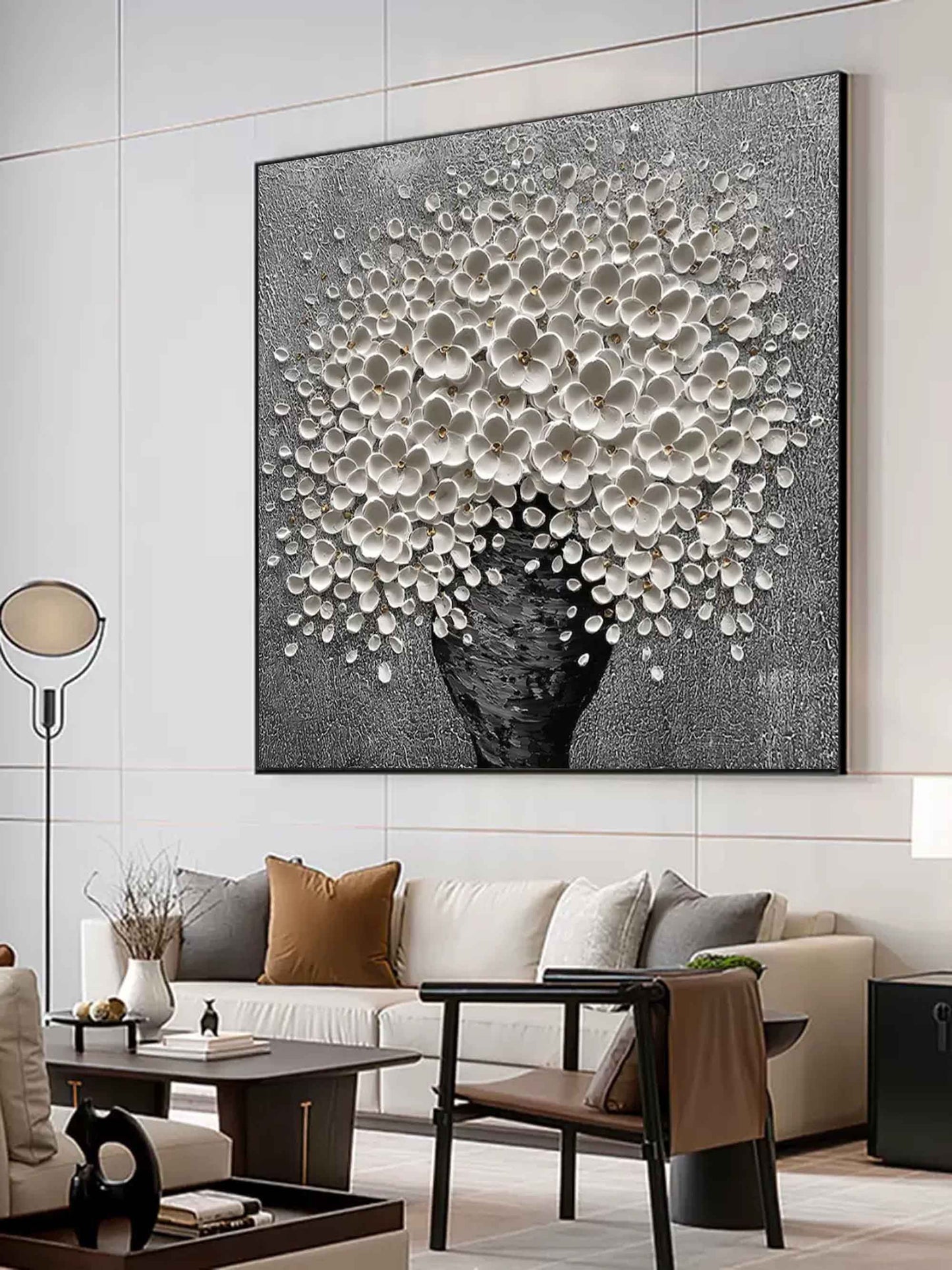 Elegant White Floral Bouquet in Black Vase - Textured Oil Painting for Home Decor