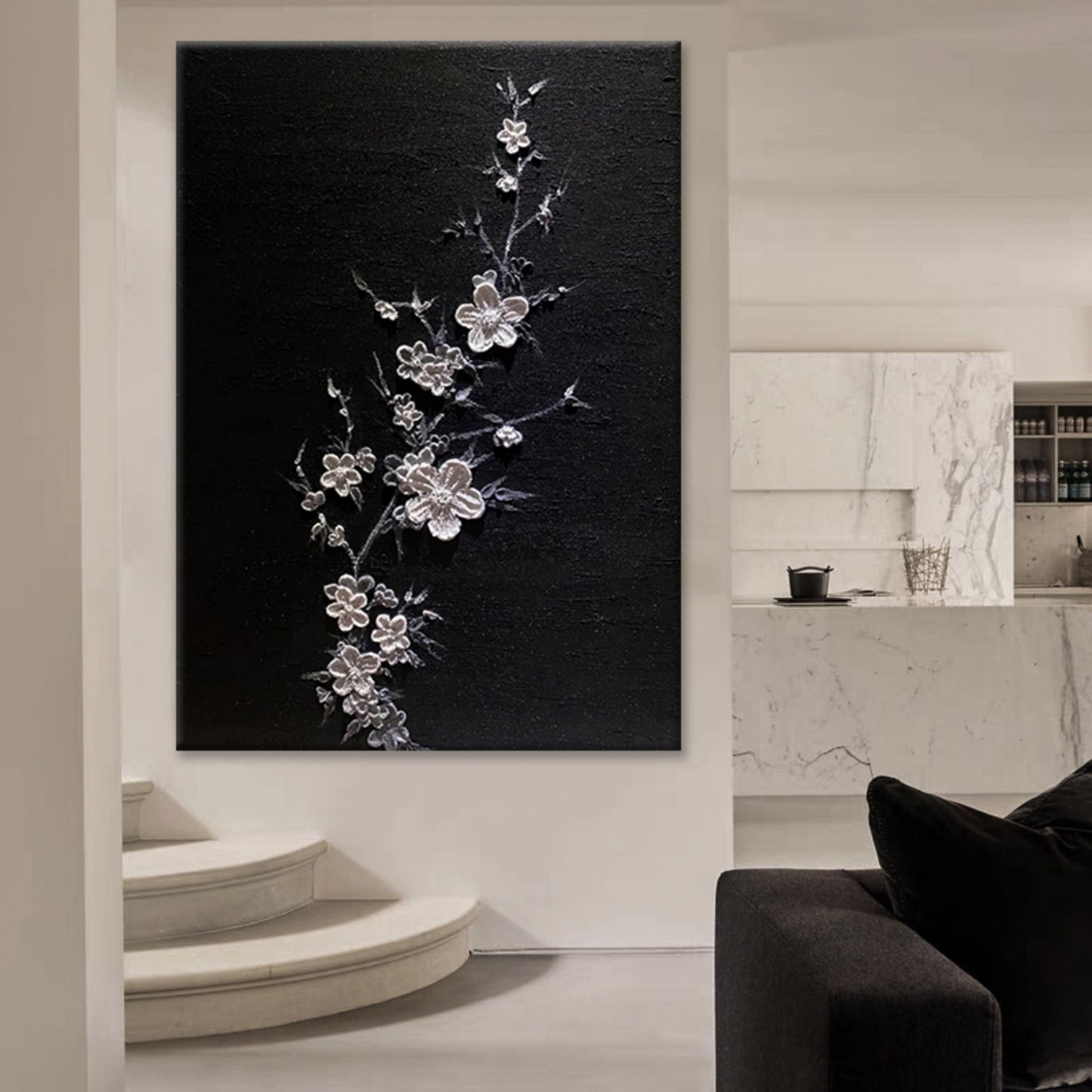 Elegant Floral Textured Oil Painting on Black Canvas