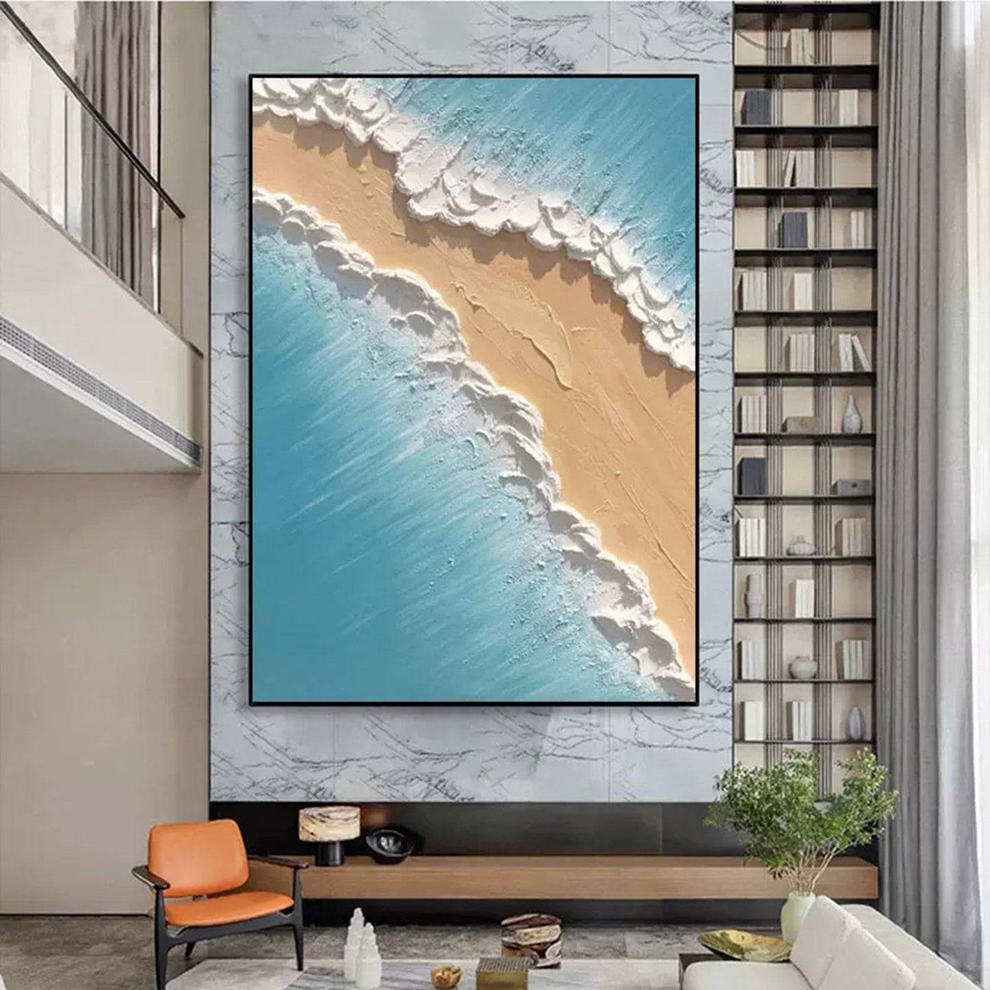 Coastal Serenity: Textured Oil Painting of Beach and Waves