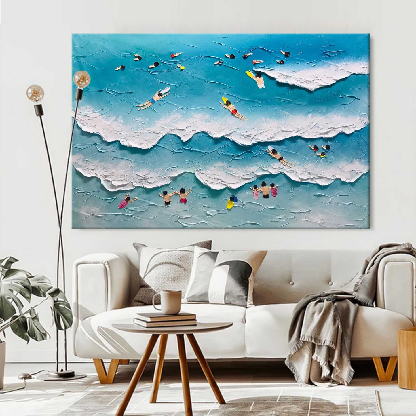 Beach Day Bliss: Vibrant Oil Painting of Surfers and Waves
