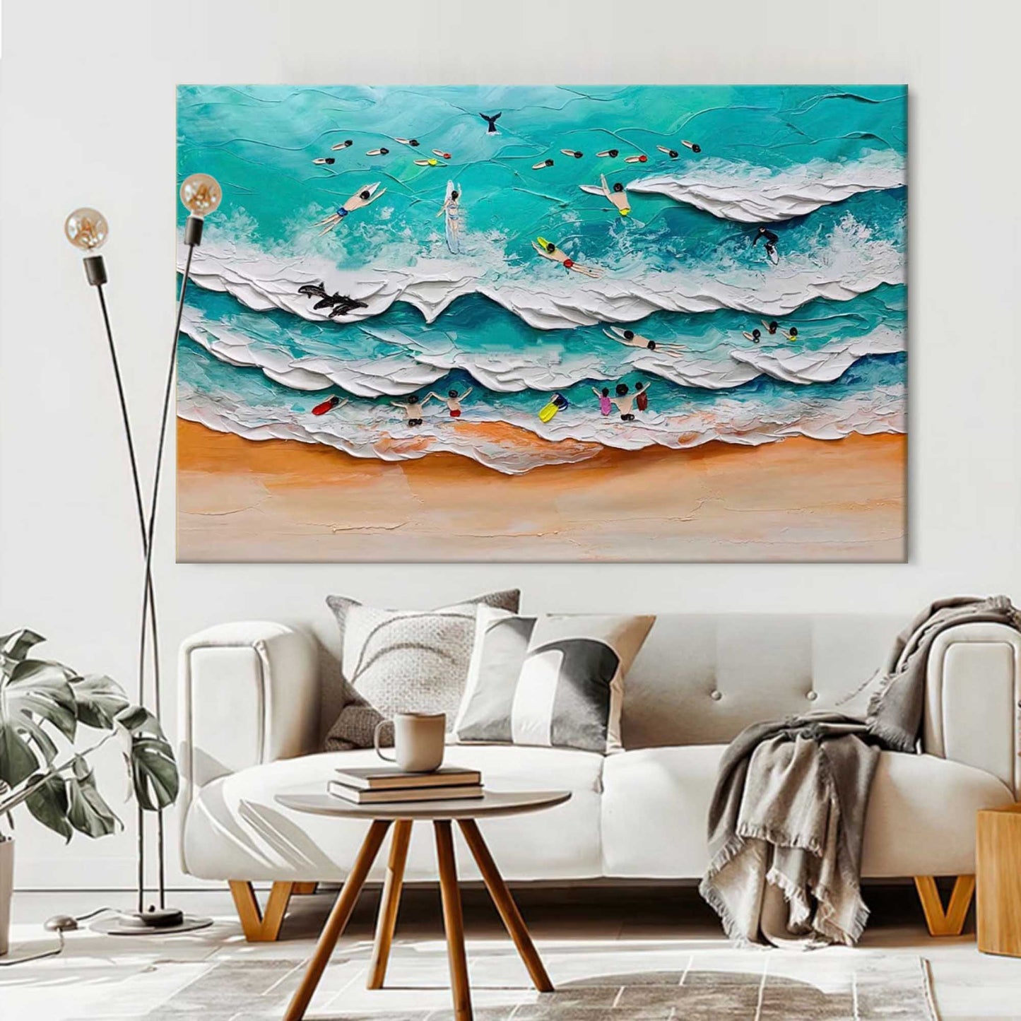 Vibrant Ocean Waves and Surfers Oil Painting with Textural Depth