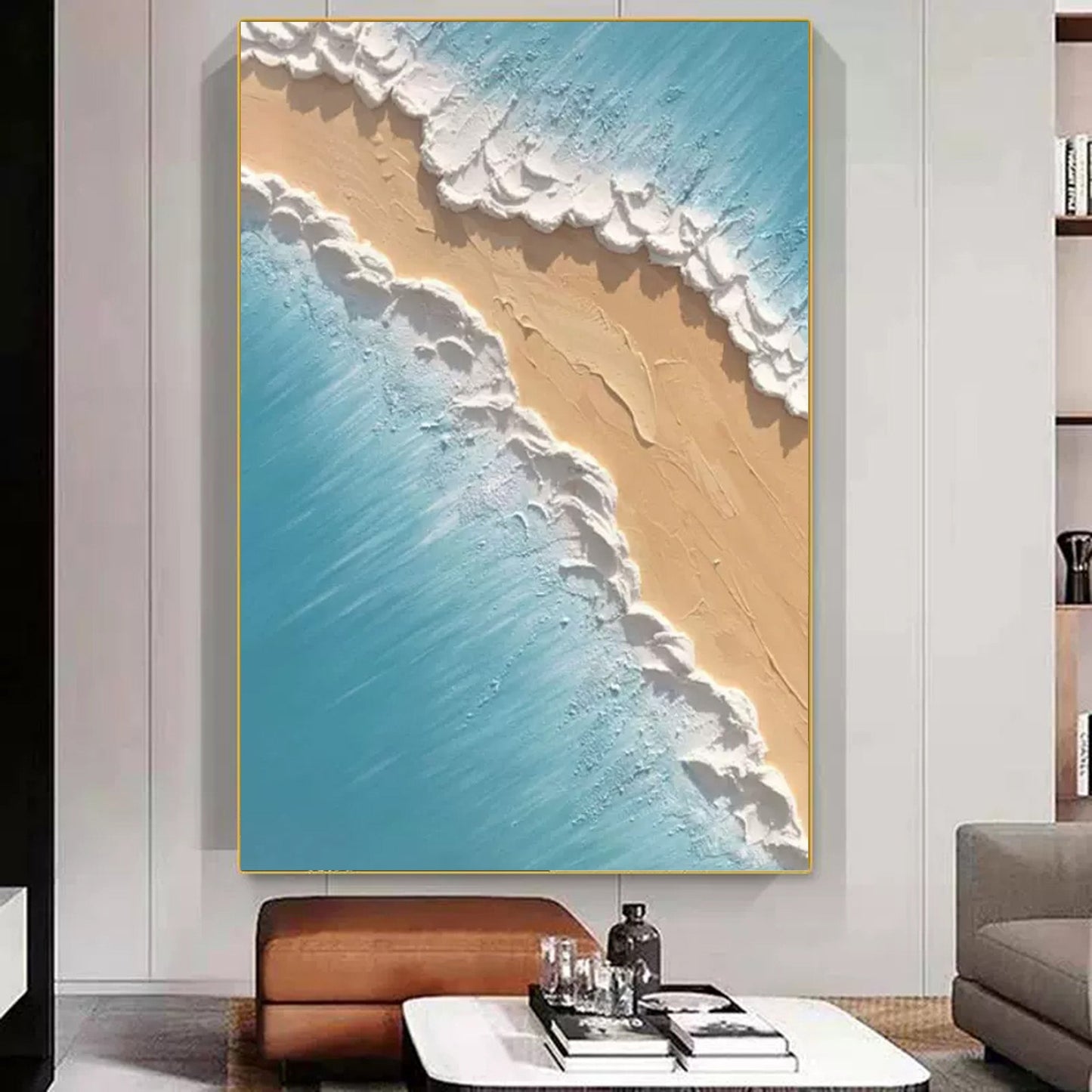 Coastal Serenity: Textured Oil Painting of Beach and Waves