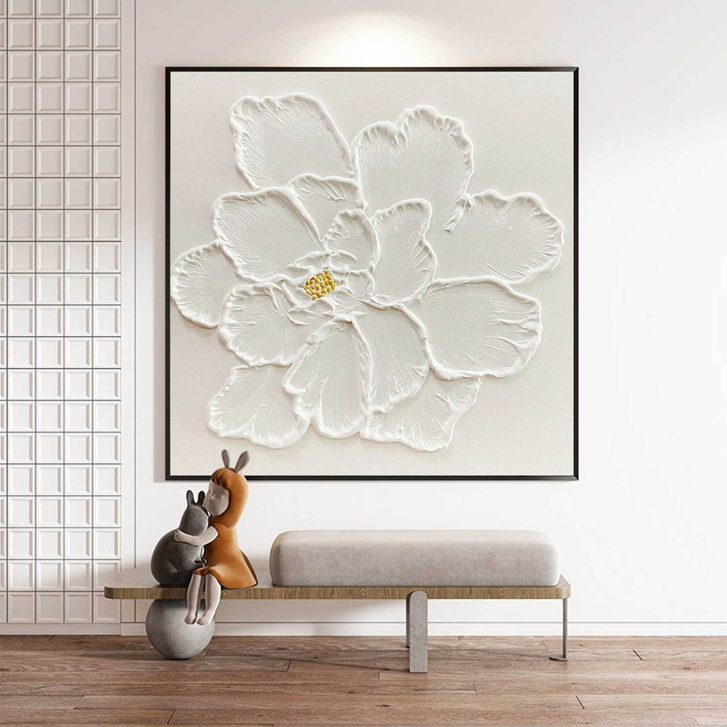 Elegant White Flower Oil Painting for Minimalist Home Decor and Modern Aesthetics