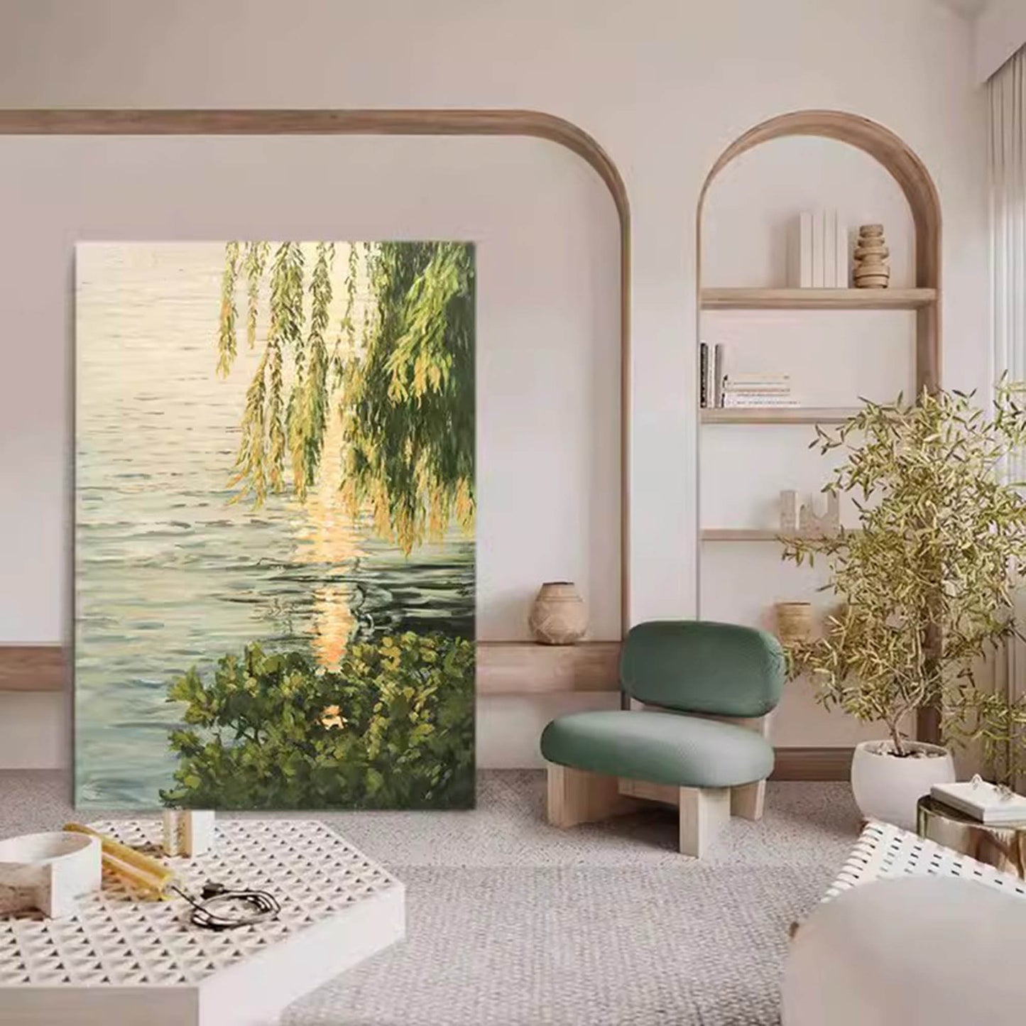 Tranquil Watercolor Landscape Oil Painting with Reflections and Greenery
