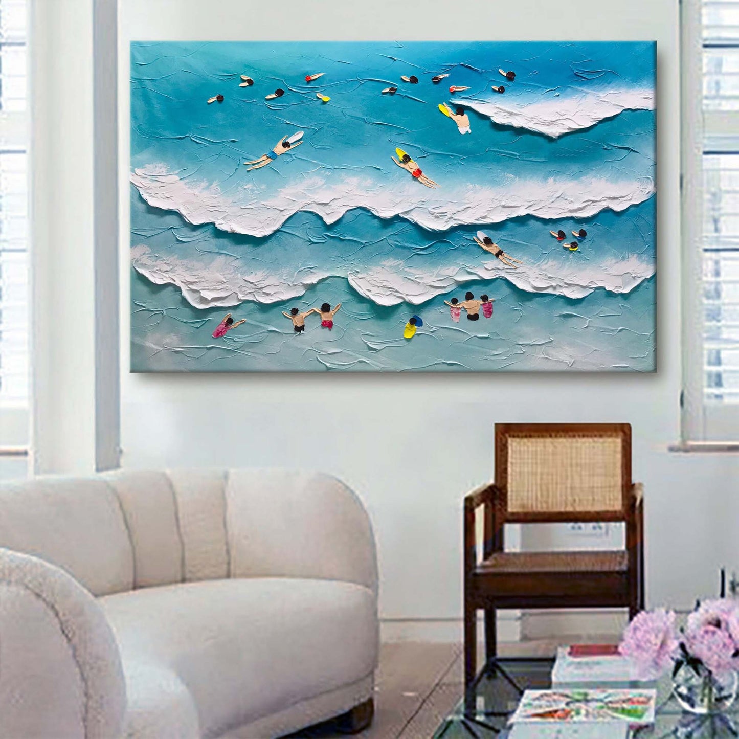 Beach Day Bliss: Vibrant Oil Painting of Surfers and Waves