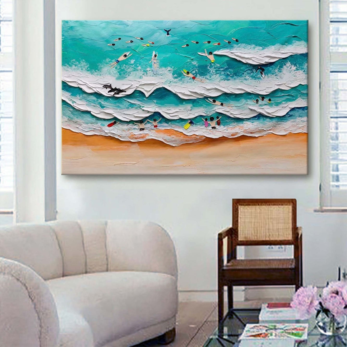 Vibrant Ocean Waves and Surfers Oil Painting with Textural Depth