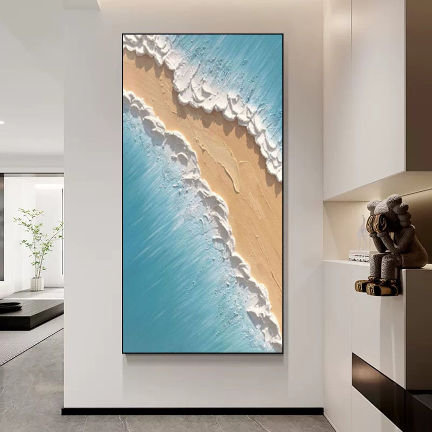 Coastal Serenity: Textured Oil Painting of Shoreline Waves and Sand