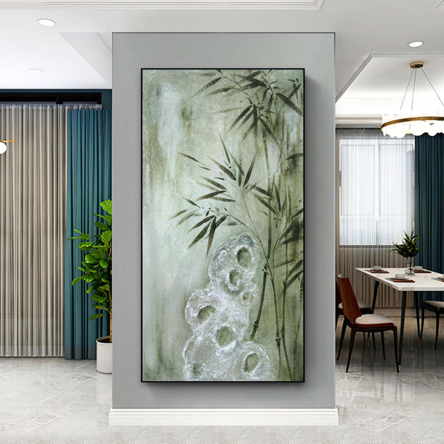 Serene Bamboo Oil Painting for Minimalist Home Decor and Wabi-Sabi Aesthetics