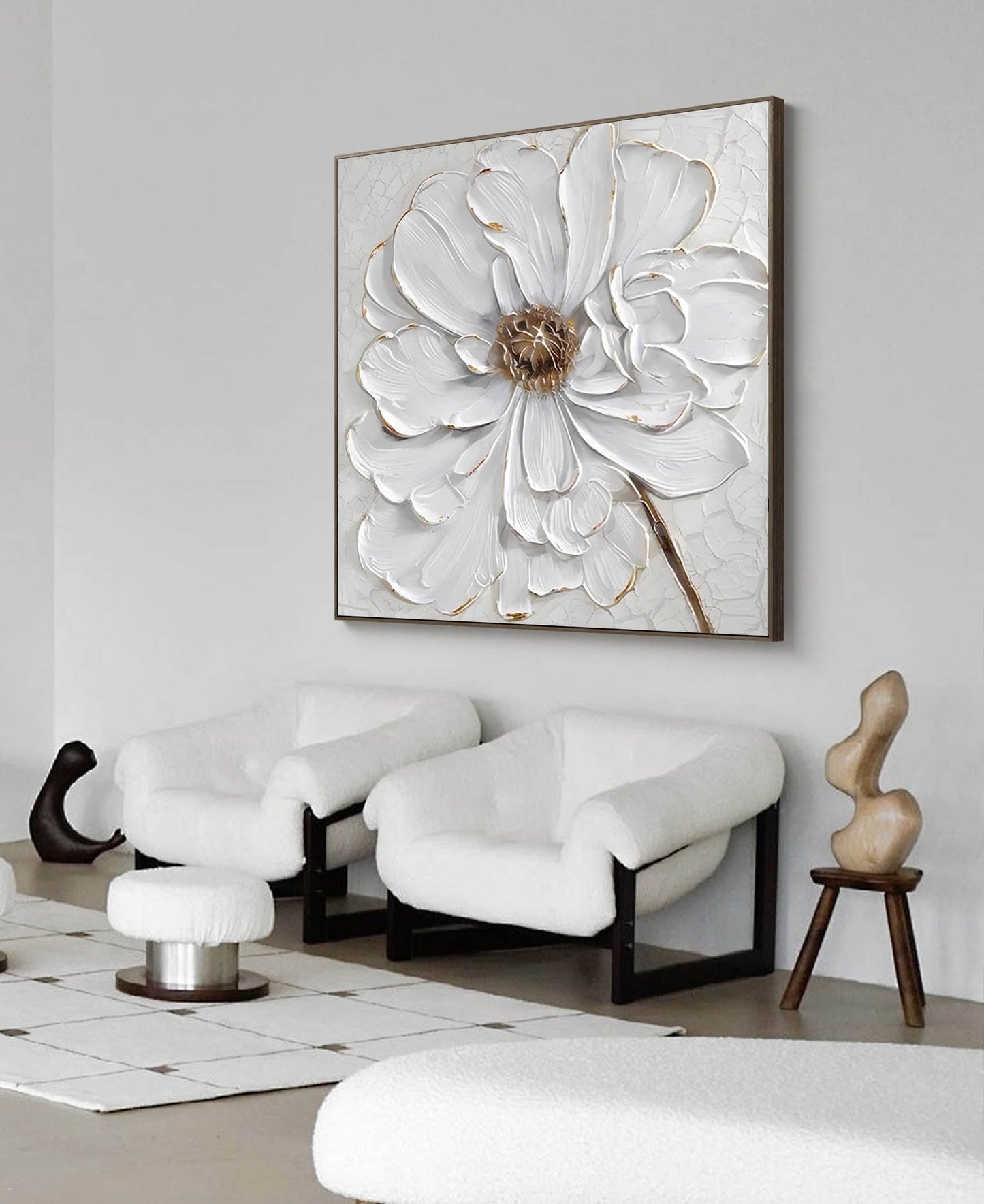 Elegant Minimalist White Flower Oil Painting for Modern Home Decor