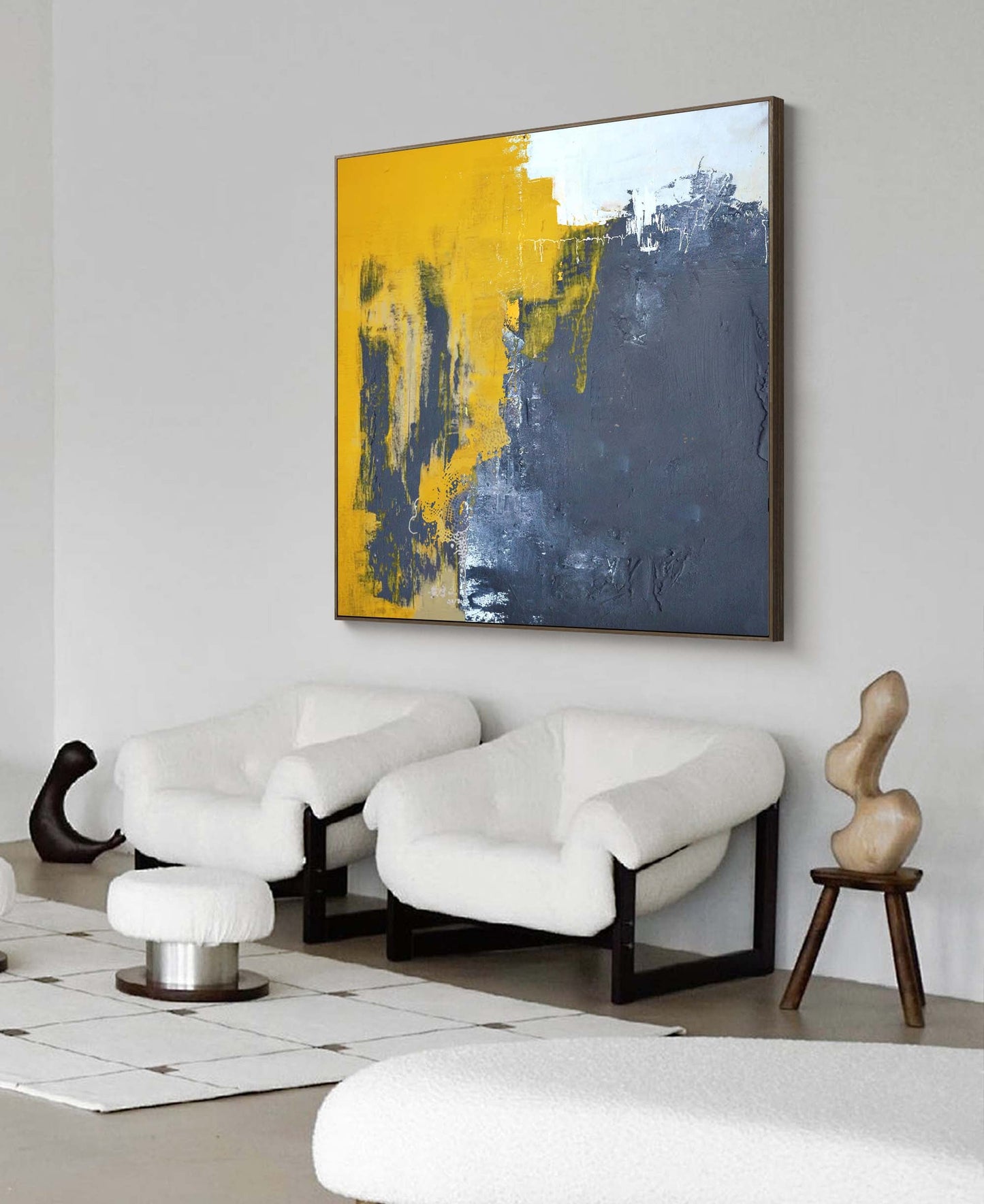 Bold Abstract Oil Painting with Yellow and Gray Textures for Modern Art Decor