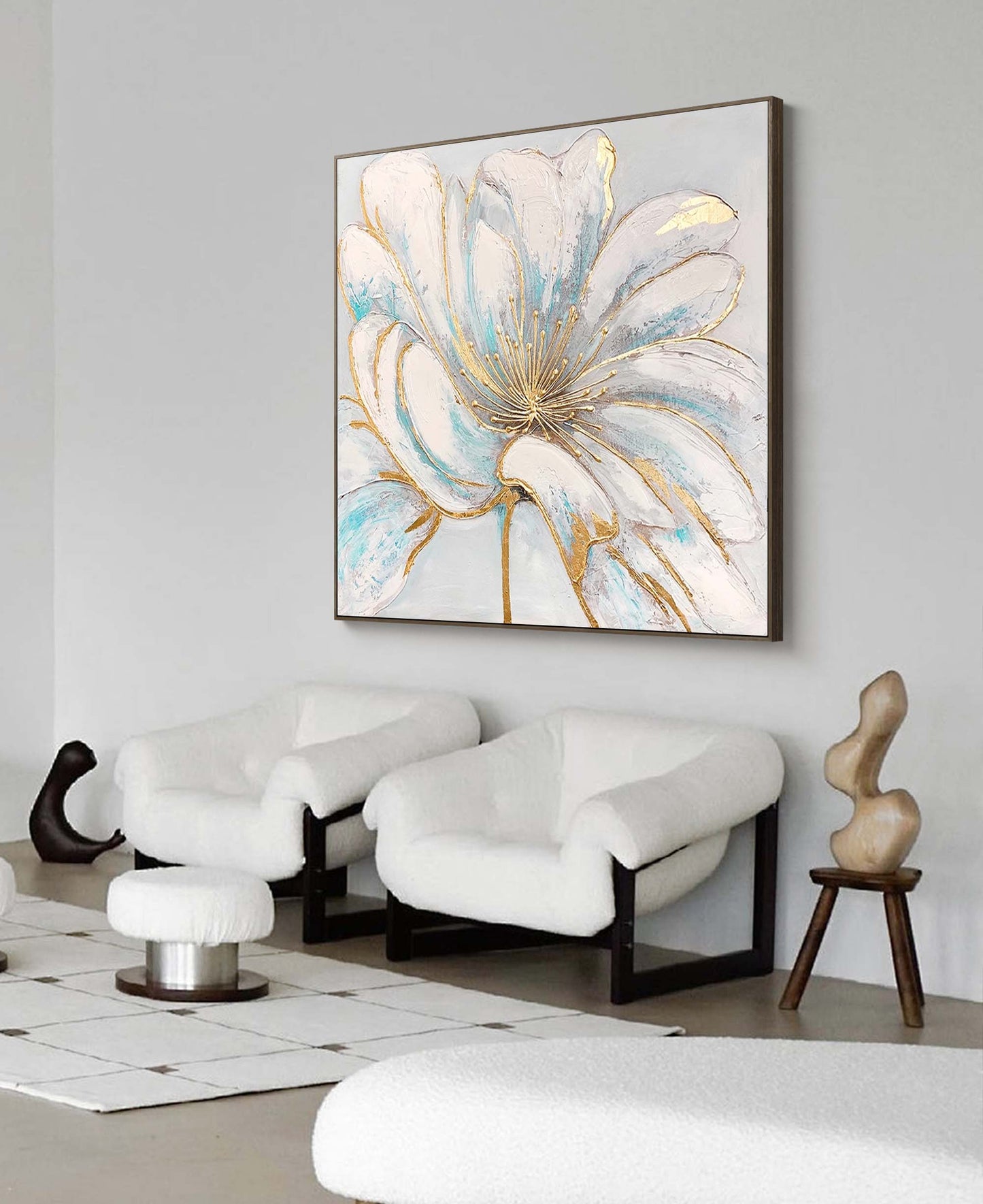 Elegant White Flower Oil Painting with Gold Accents for Home Decor