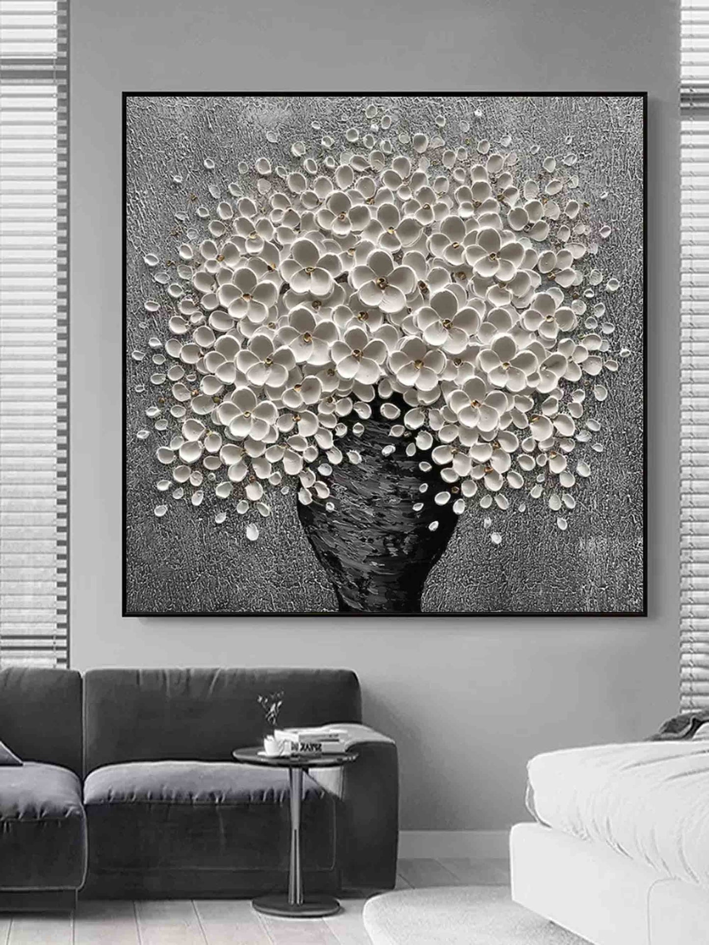 Elegant White Floral Bouquet in Black Vase - Textured Oil Painting for Home Decor