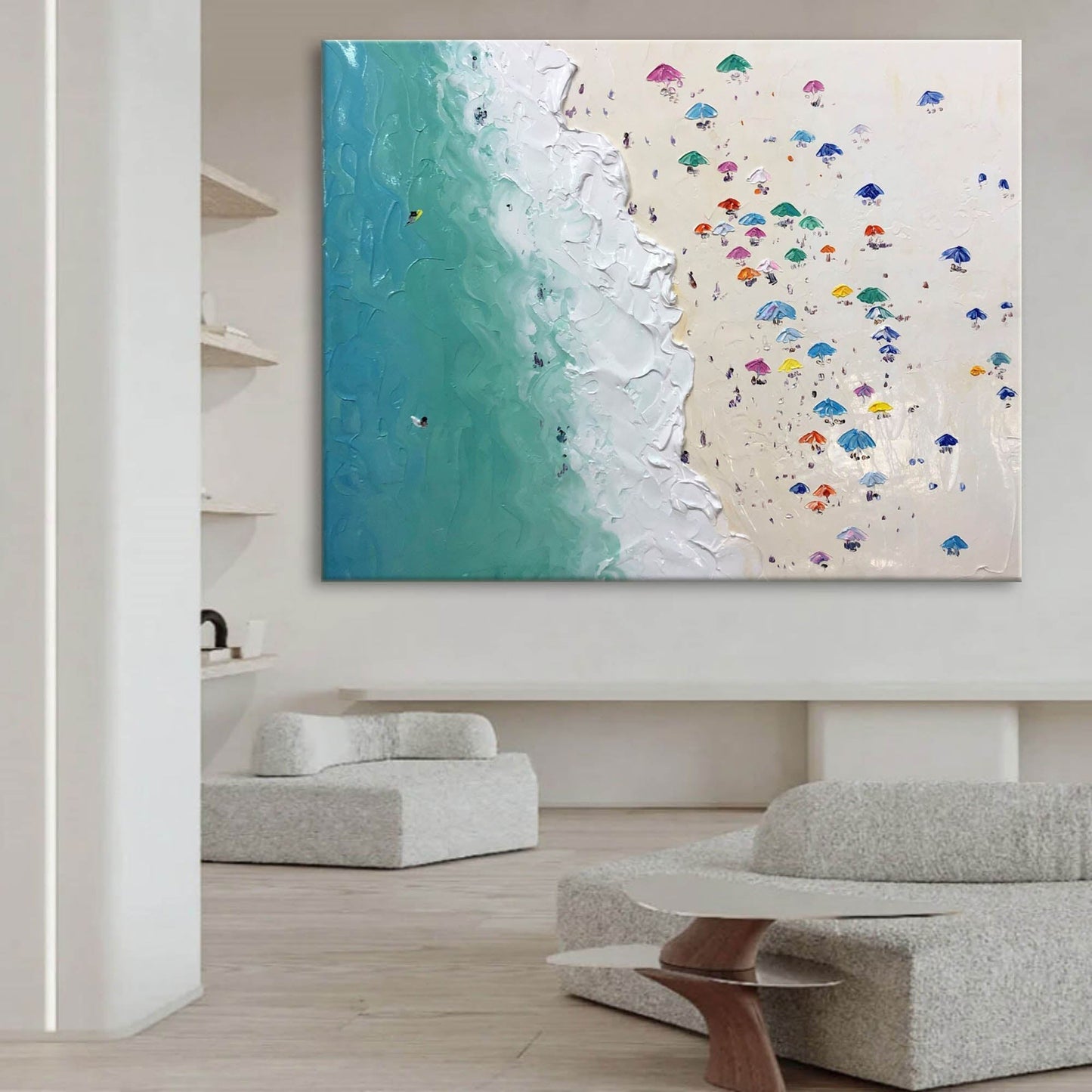 Vibrant Beach Scene Oil Painting with Colorful Umbrellas and Ocean Waves