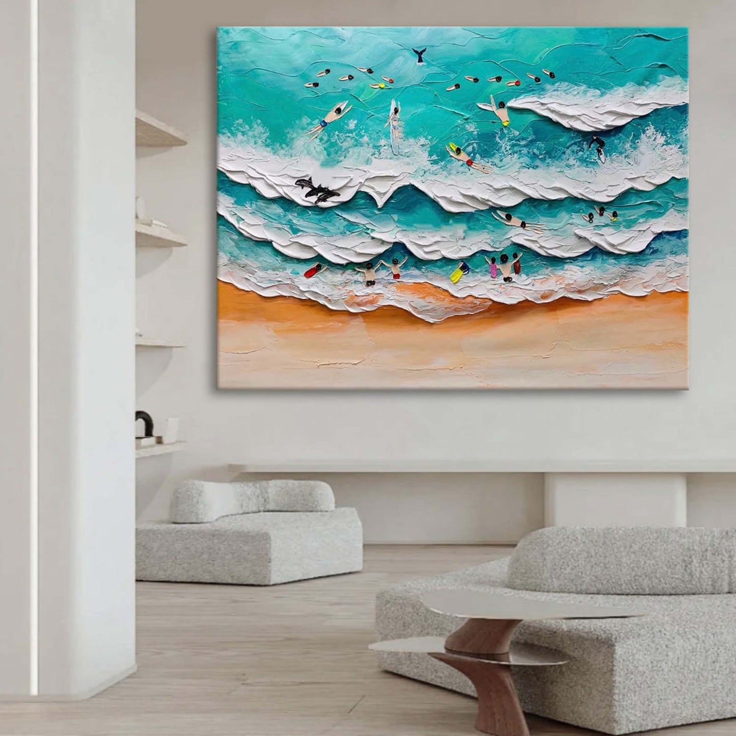 Vibrant Ocean Waves and Surfers Oil Painting with Textural Depth