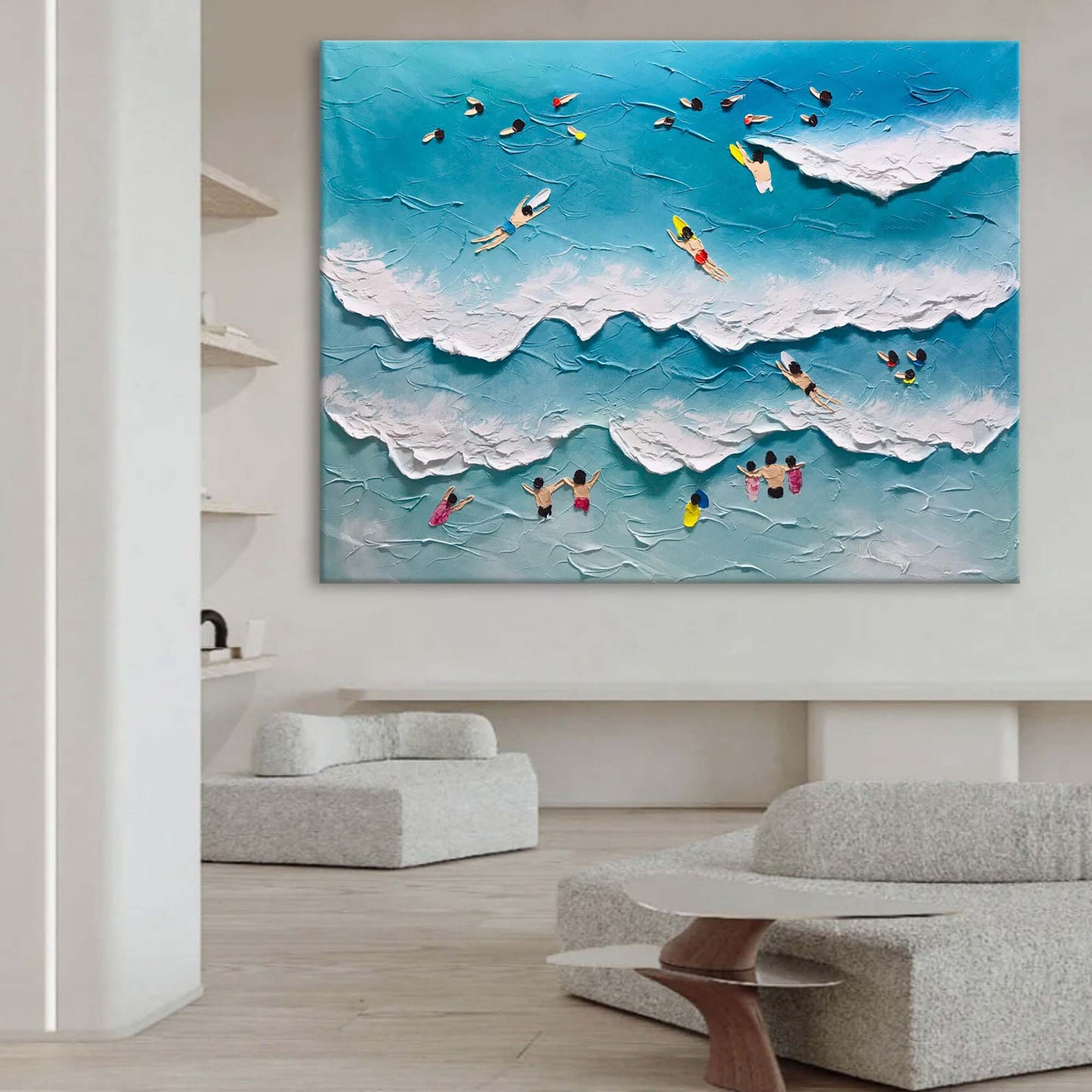 Beach Day Bliss: Vibrant Oil Painting of Surfers and Waves