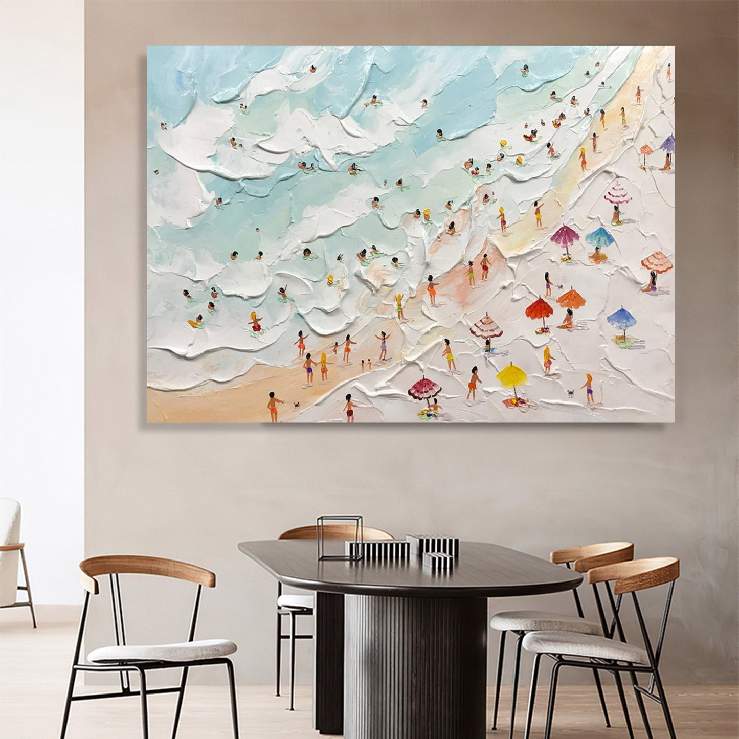 Colorful Beach Scene Oil Painting with Textured Waves and Vibrant Umbrellas