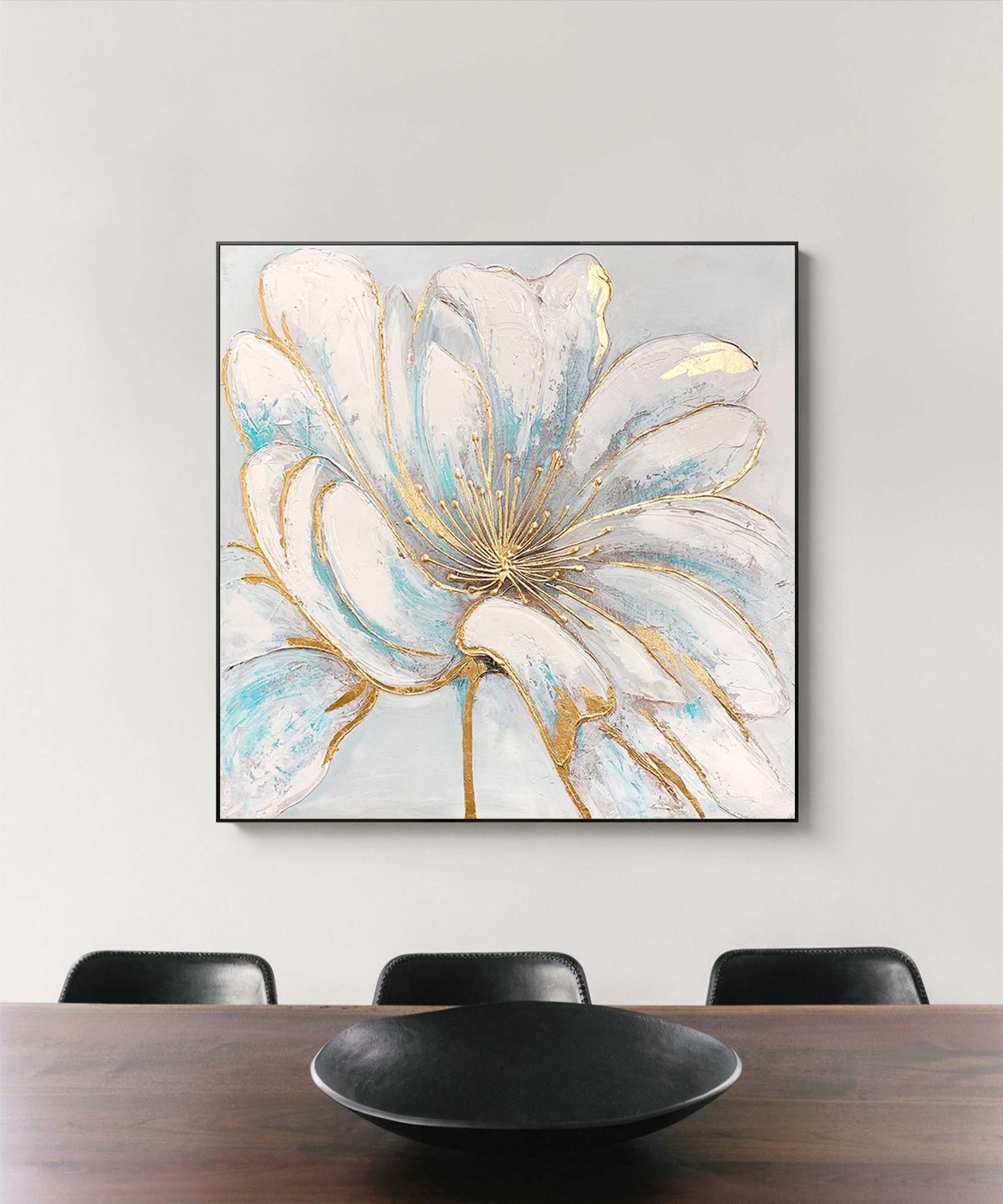 Elegant White Flower Oil Painting with Gold Accents for Home Decor