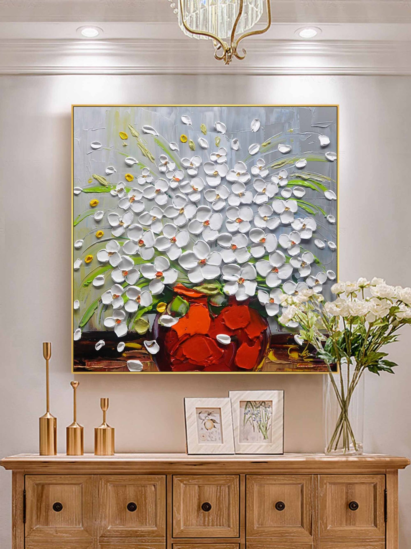 Vibrant Floral Still Life with White Flowers in a Bold Orange Vase