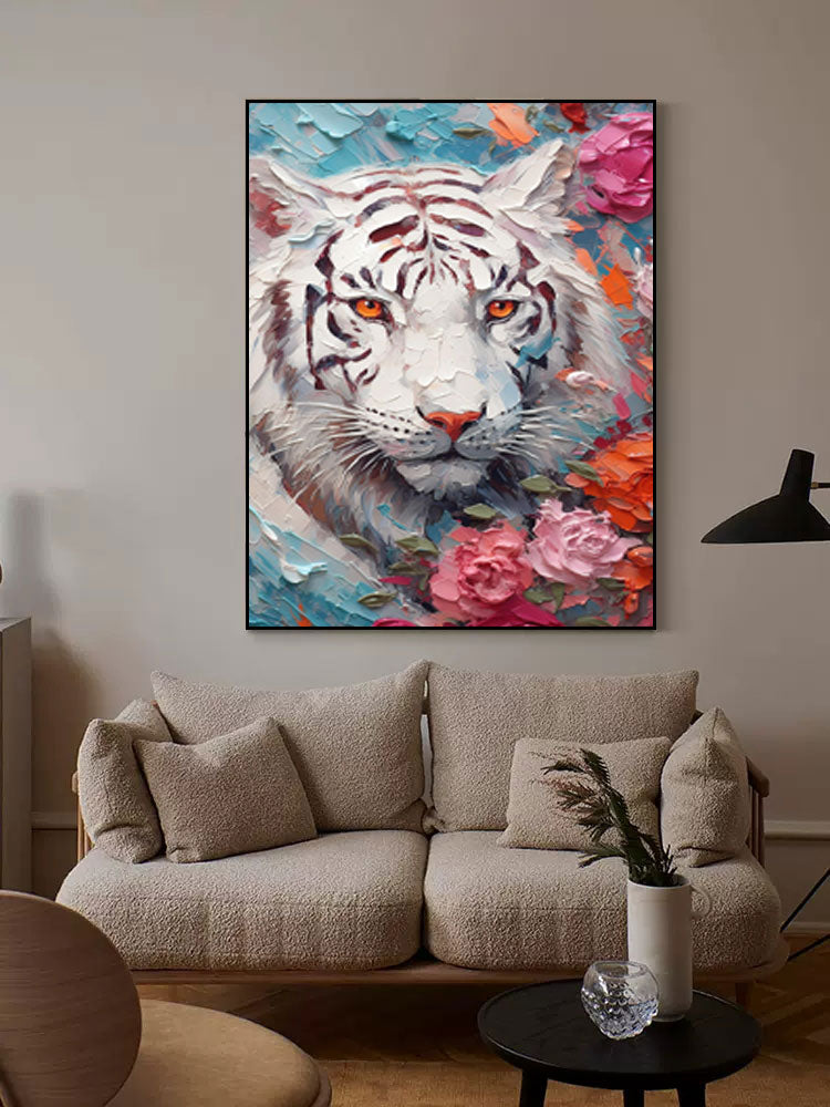 Majestic White Tiger Oil Painting with Floral Accents for Animal Lovers