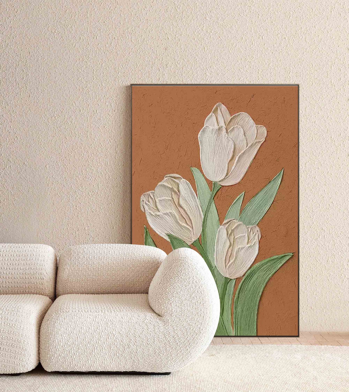 Elegant Cream Tulips Oil Painting on Brown Canvas | Floral Wall Art Decor