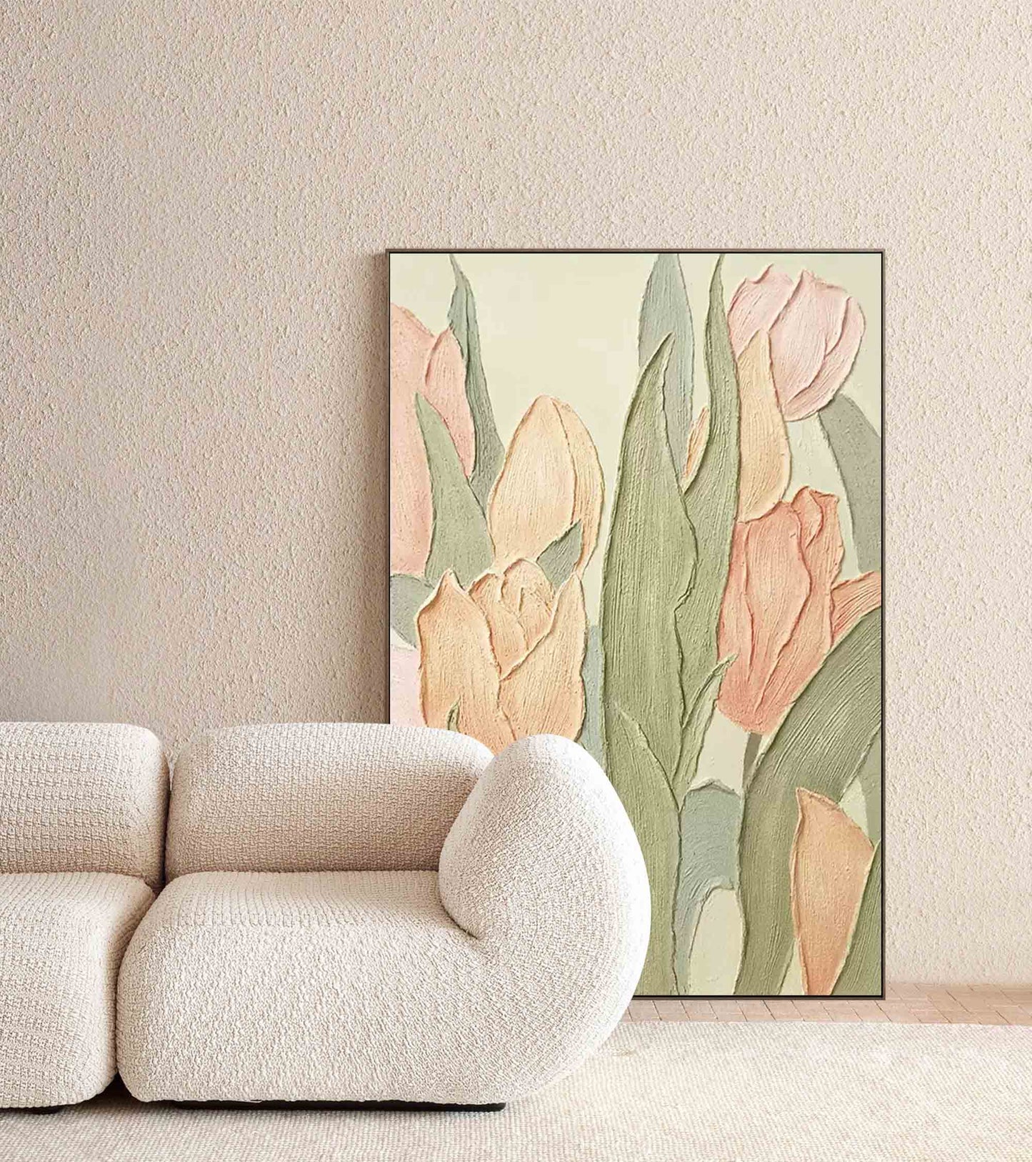 Elegant Floral Oil Painting of Soft Pink Tulips on Textured Canvas