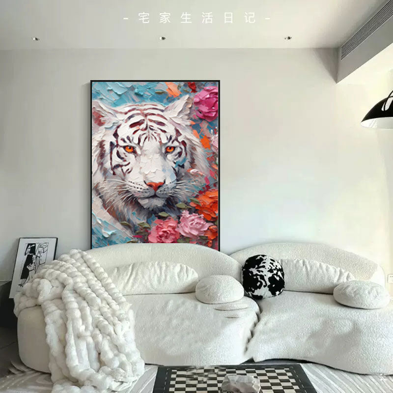 Majestic White Tiger Oil Painting with Floral Accents for Animal Lovers