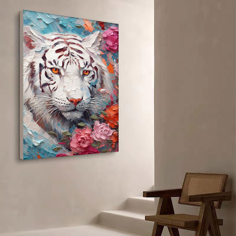Majestic White Tiger Oil Painting with Floral Accents for Animal Lovers