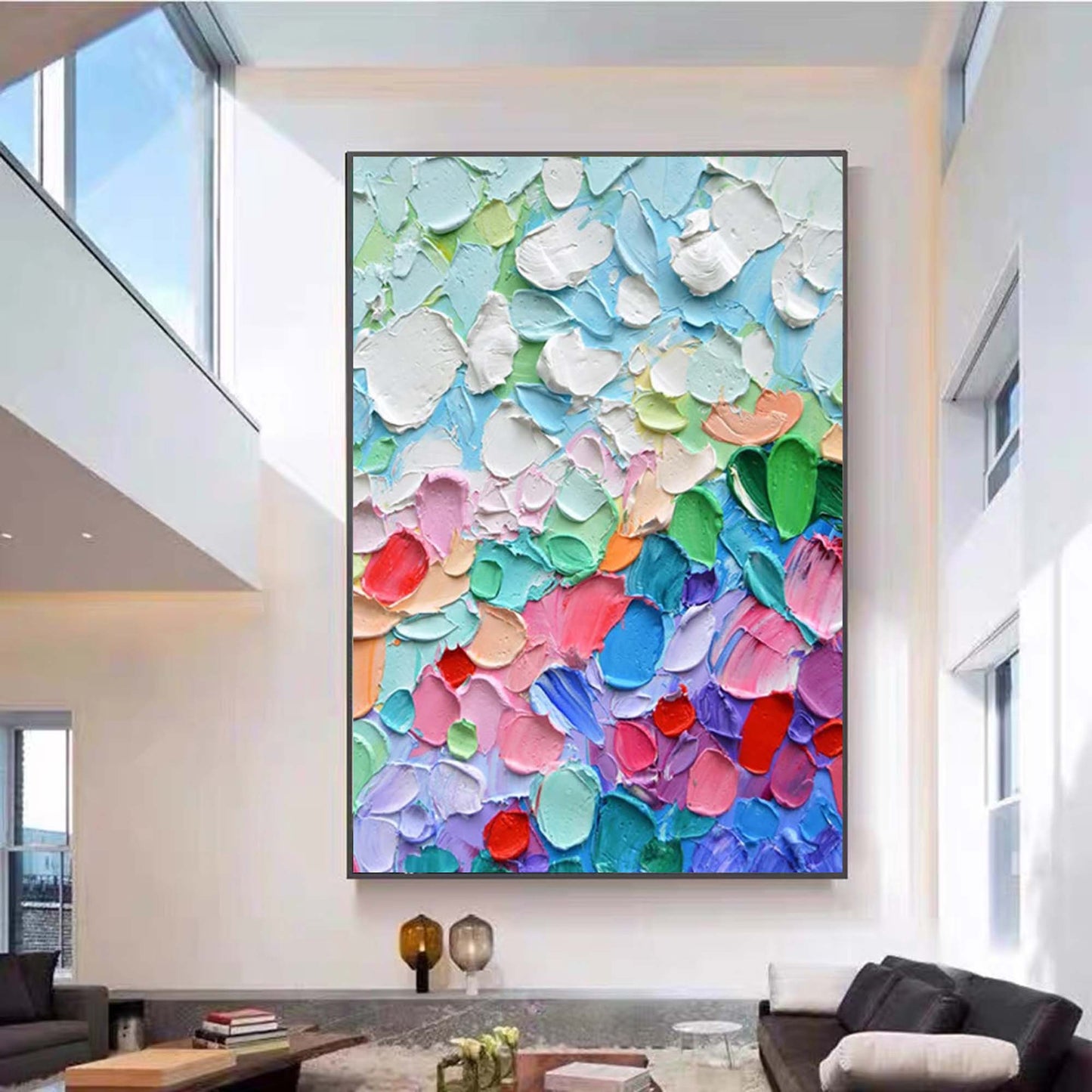 Vibrant Abstract Floral Oil Painting with Bold Textures and Rich Colors