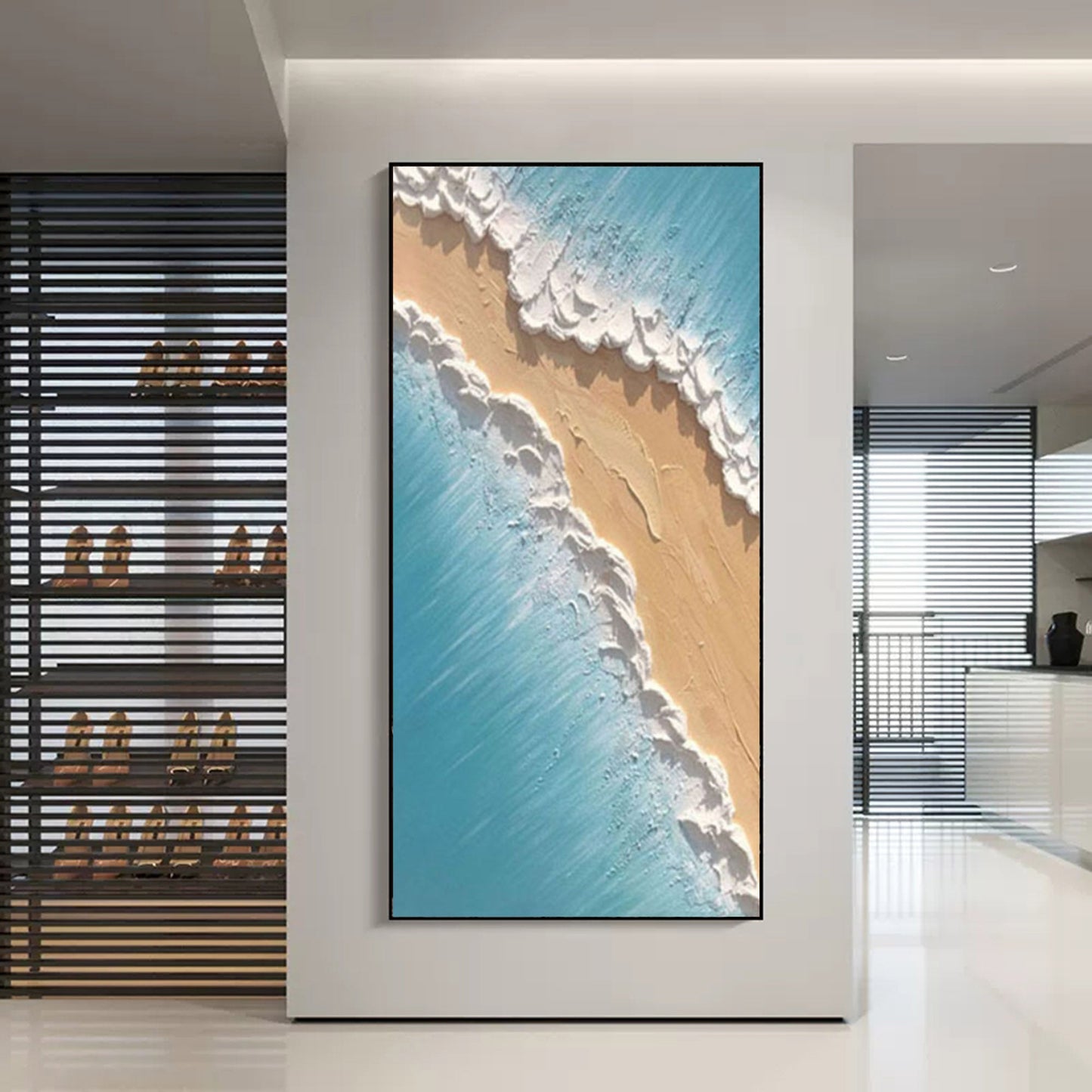 Coastal Serenity: Textured Oil Painting of Shoreline Waves and Sand