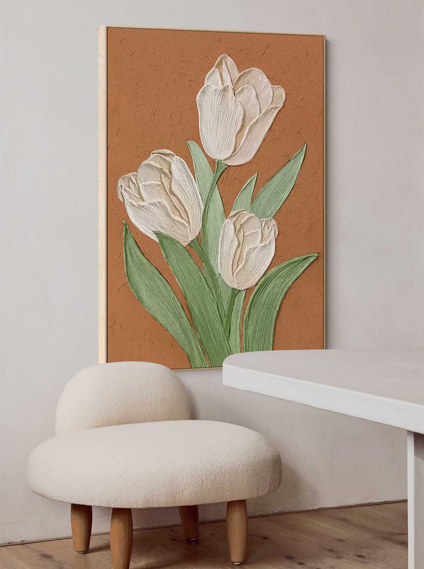Elegant Cream Tulips Oil Painting on Brown Canvas | Floral Wall Art Decor